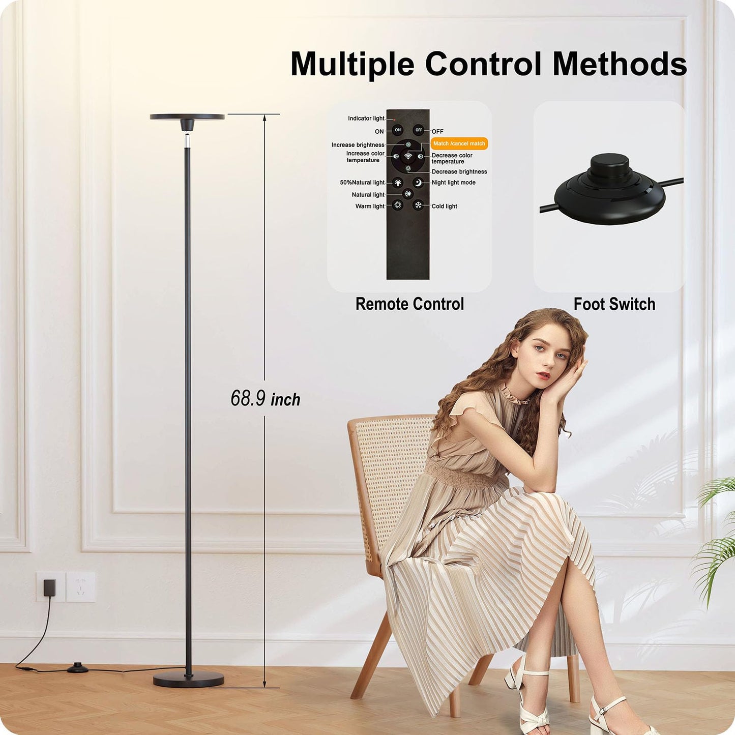 Dimmable Floor Lamp with Remote，Floor Lamps for Living Room Bedroom Office，Adjustable Brightness (10%-100%)and Color Temperature (3000k- 6000k )，Standing Lamp Tall Lamp with Foot Switch (black)