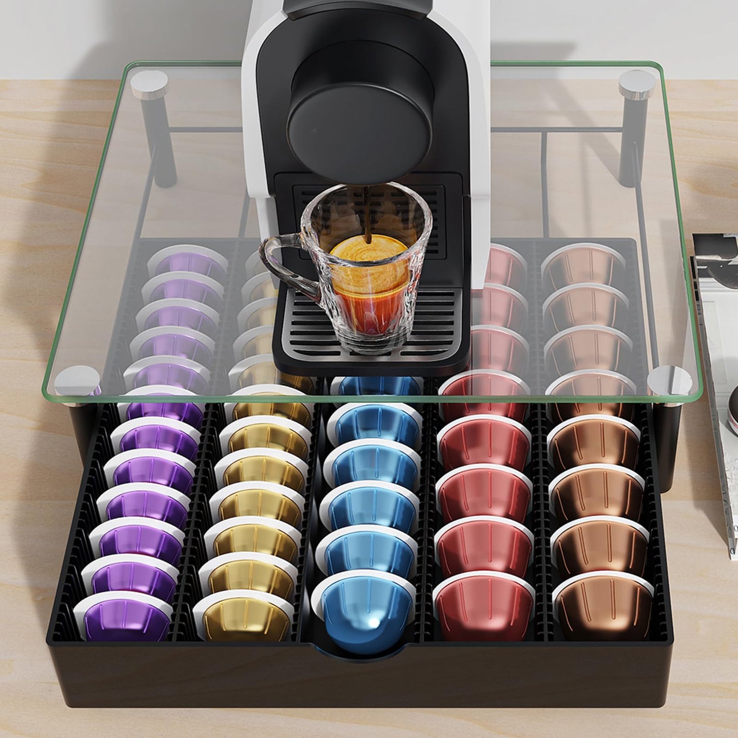OUTIOE Coffee Pod Drawer Organizer with Tempered Glass Lid (Transparent Glass)