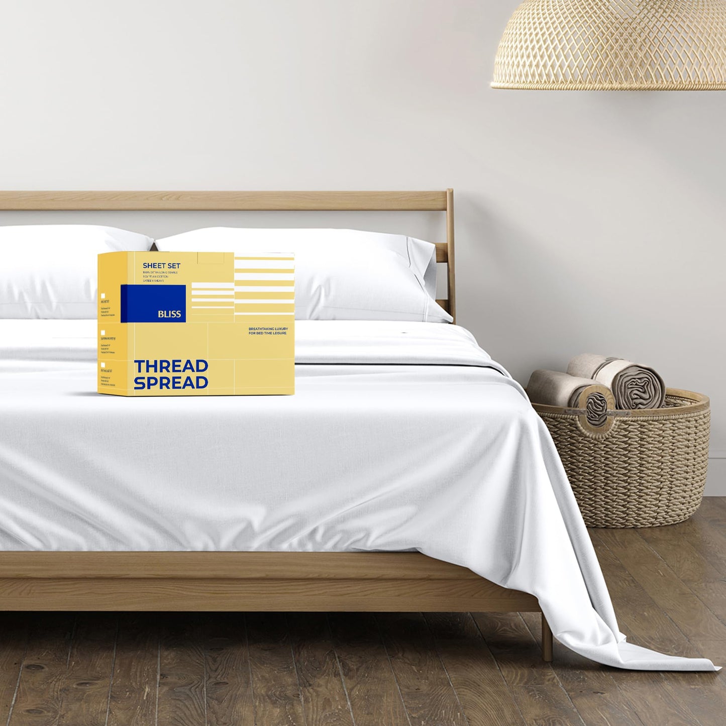 THREAD SPREAD 100% Egyptian Cotton Sheets Full Size - 600 Series Bliss Collection Sheet, 4 PC 16" Deep Pocket Full Size Sheets Sets (White), Soft Cooling Sateen Weave Cotton Hotel Luxury Sheet
