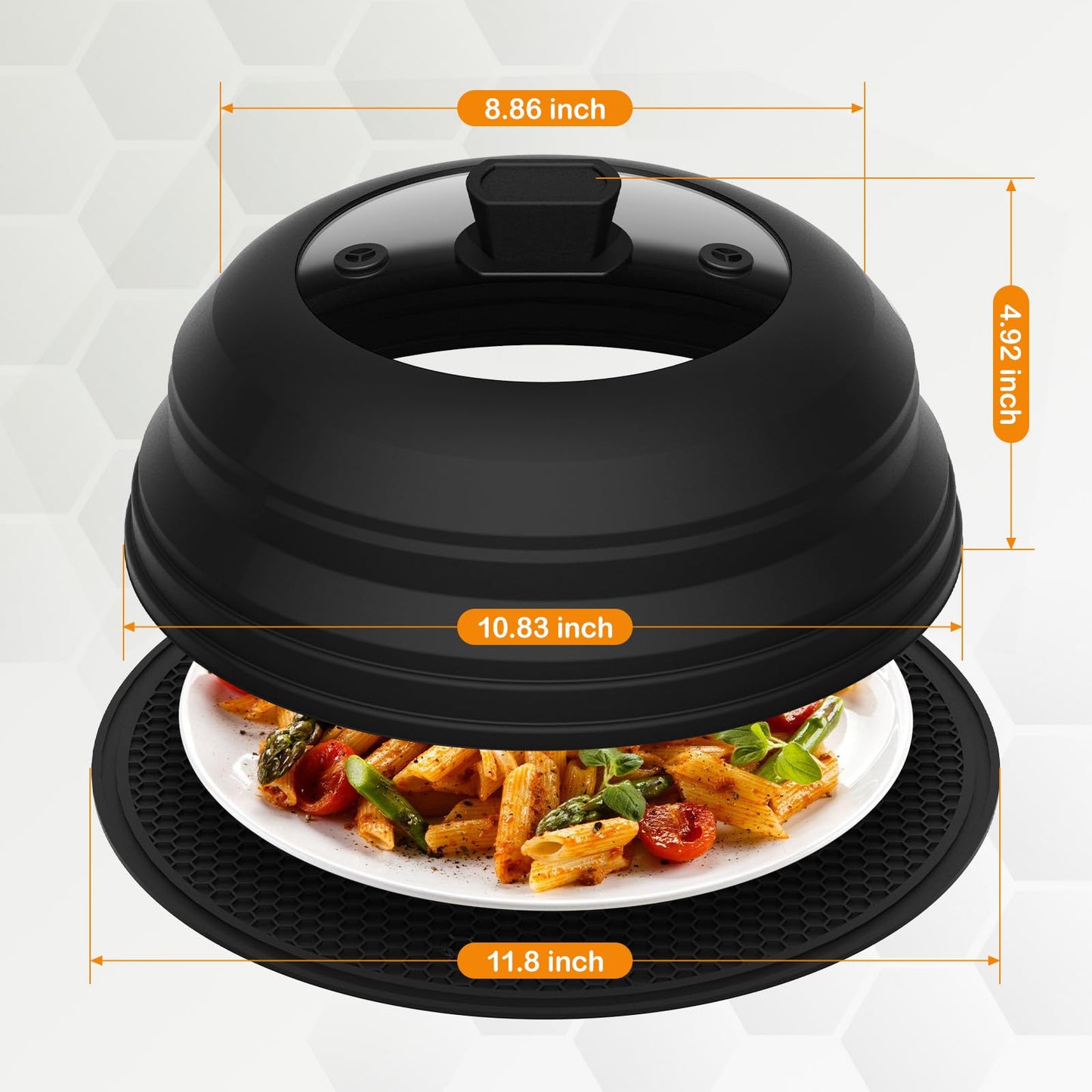 Lzerking Microwave Splatter Cover & Silicone Mat, 10.8 inch Glass Splatter Guard Lid with Collapsible Silicone for Food, Fits 6-10 inch Pot Plate Bowl, Heat Resistant, Dishwasher Safe, Kitchen, Black