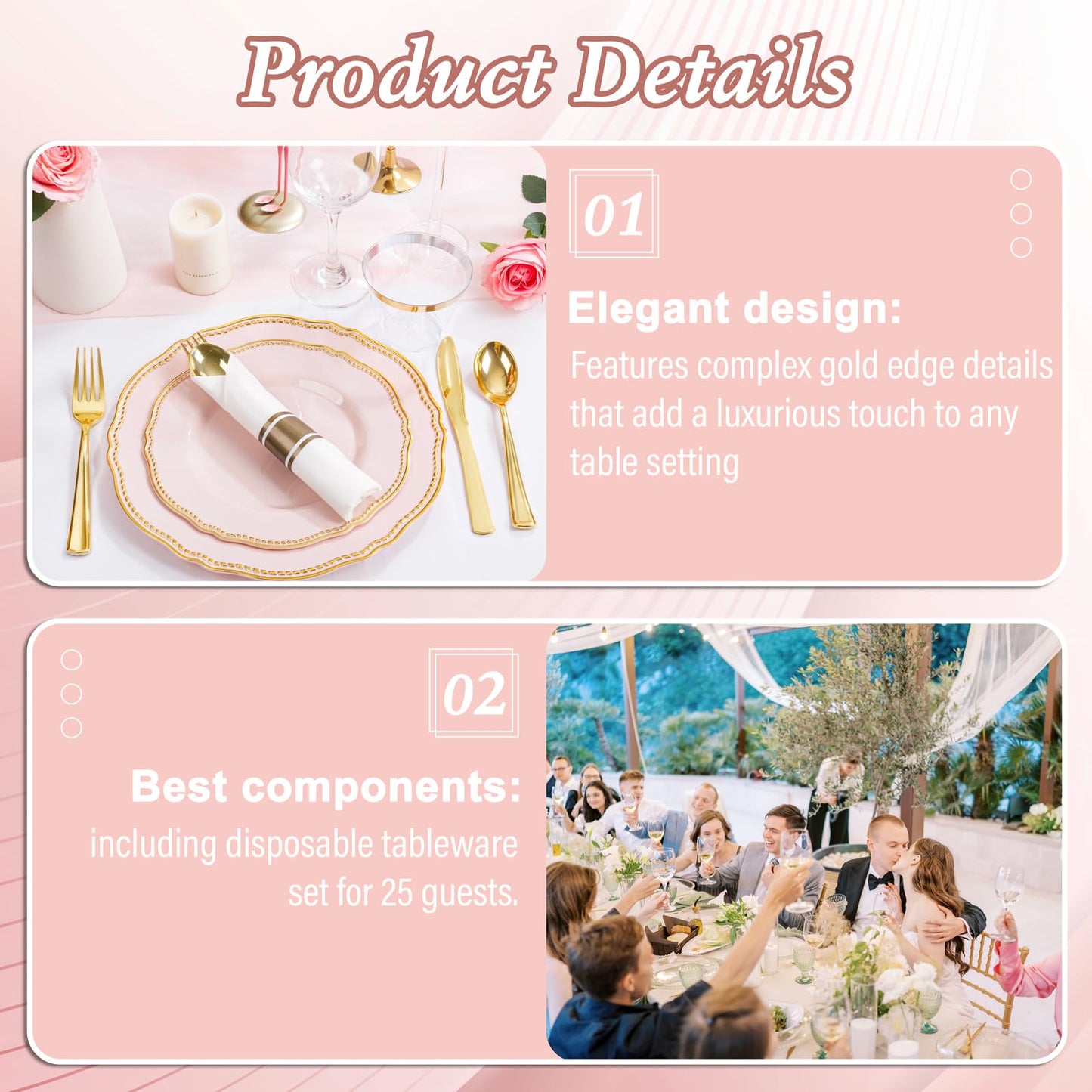 Hioasis 175pcs Pink and Gold Plastic Plates - Pink Plastic Dinnerware Set Includes 25 Dinner Plates, 25 Dessert Dinnerware, 25 Cups, 25 Napkins Perfect for Wedding & Easter