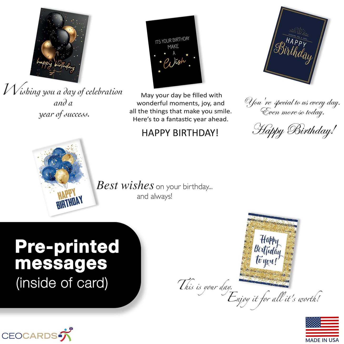 Happy Birthday Cards with Envelopes (25 Assortment Pack – 5 Designs) Bulk Birthday Card Set for Family & Business (5x7 inch – A7) Office, Work, Coworkers, Employees, Clients (VP2411) Made in USA