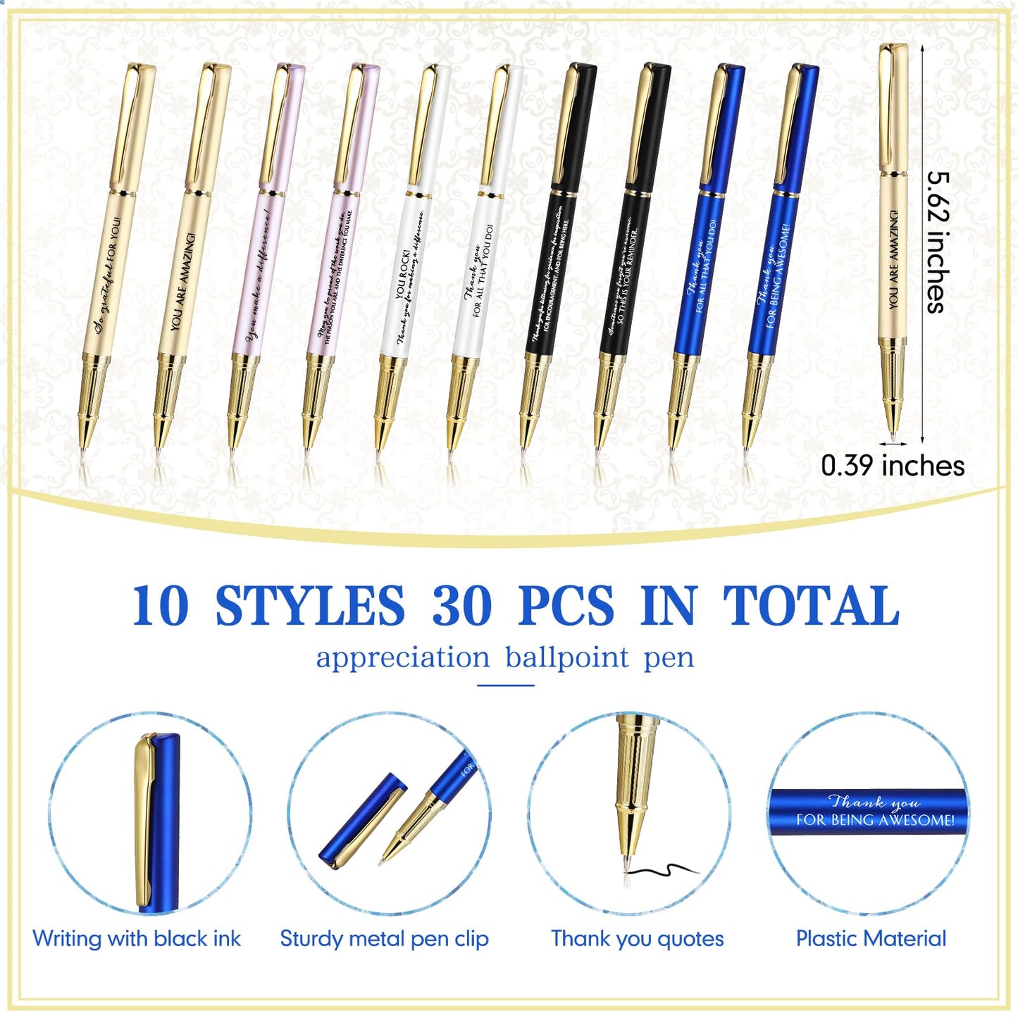 PerKoop 30Set Fathers Day Thank You Pen Employee Appreciation Ballpoint Pen with Engraved Inspirational Quote with Box for Teacher CNA Week End of Year Graduation Gift Black Ink(Multicolor,Mixed)