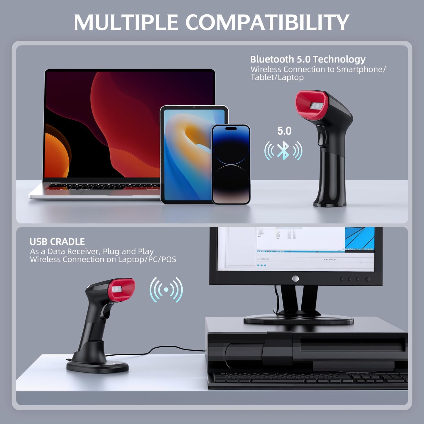 TEEMI TMSL-58CR 2D Bluetooth Barcode Scanner with USB Cradle, Easy Replaceable Battery, Handsfree Auto Scanning, Rechargeable Wireless UPC QR Code Reader for Warehouse, Supermarket, Retail Store POS