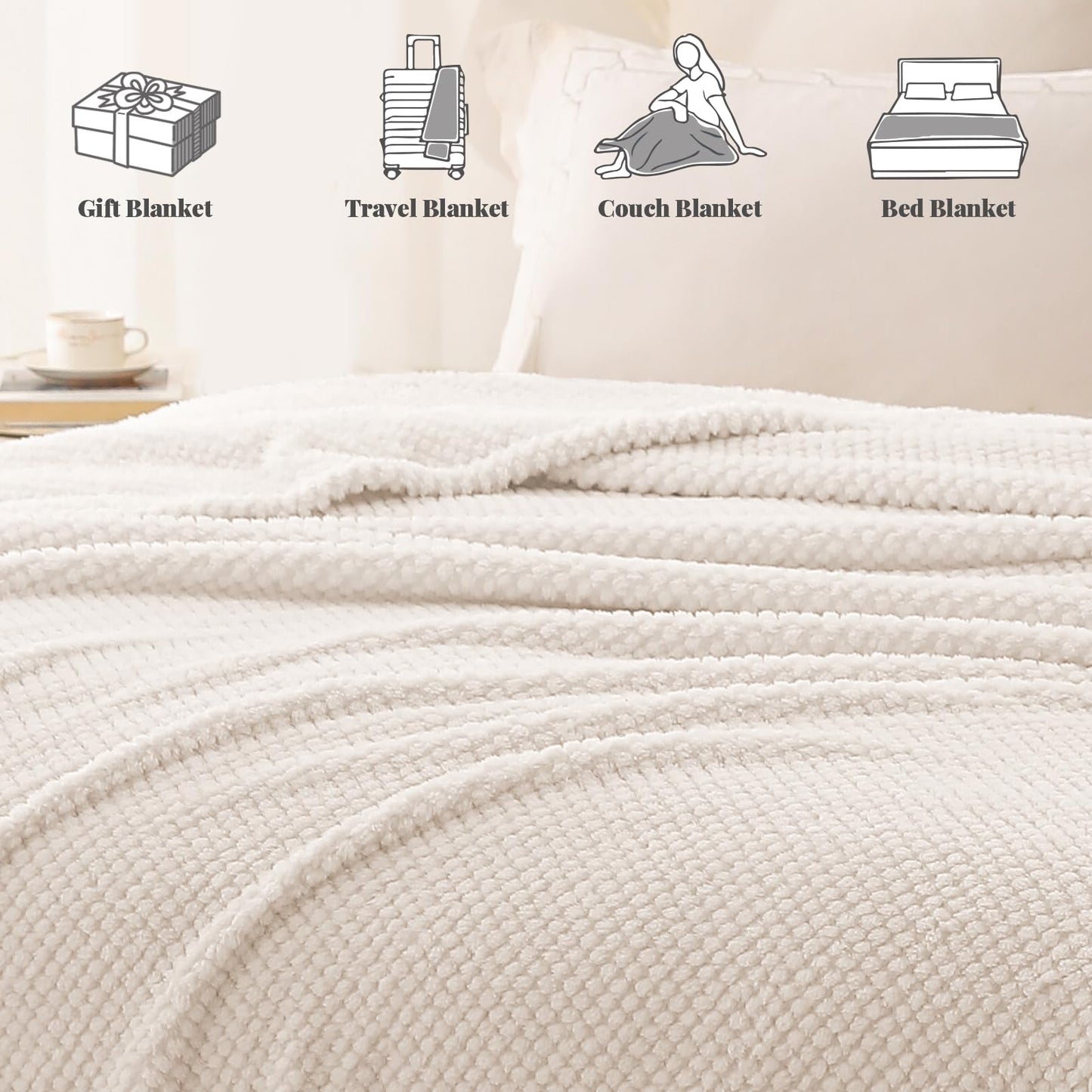 Whale Flotilla Queen Size Fuzzy Fleece Blanket for Bed, 90x90 Inch Fluffy Soft Jacquard Blankets for All Season, Lightweight and Cozy, Ivory