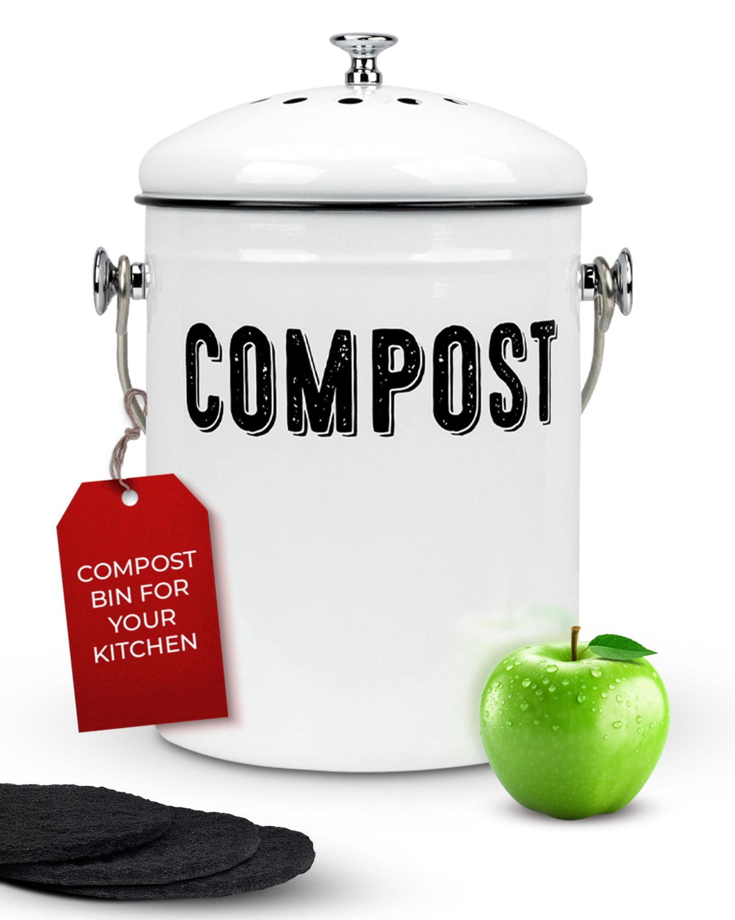 Granrosi Countertop Compost Bin Kitchen, 1.3 Gallon Stainless Steel Indoor Compost Bucket with Lid – Farmhouse Design, Odorless & Rust-Free Counter Pail with Carry Handle and 3 Charcoal Filters