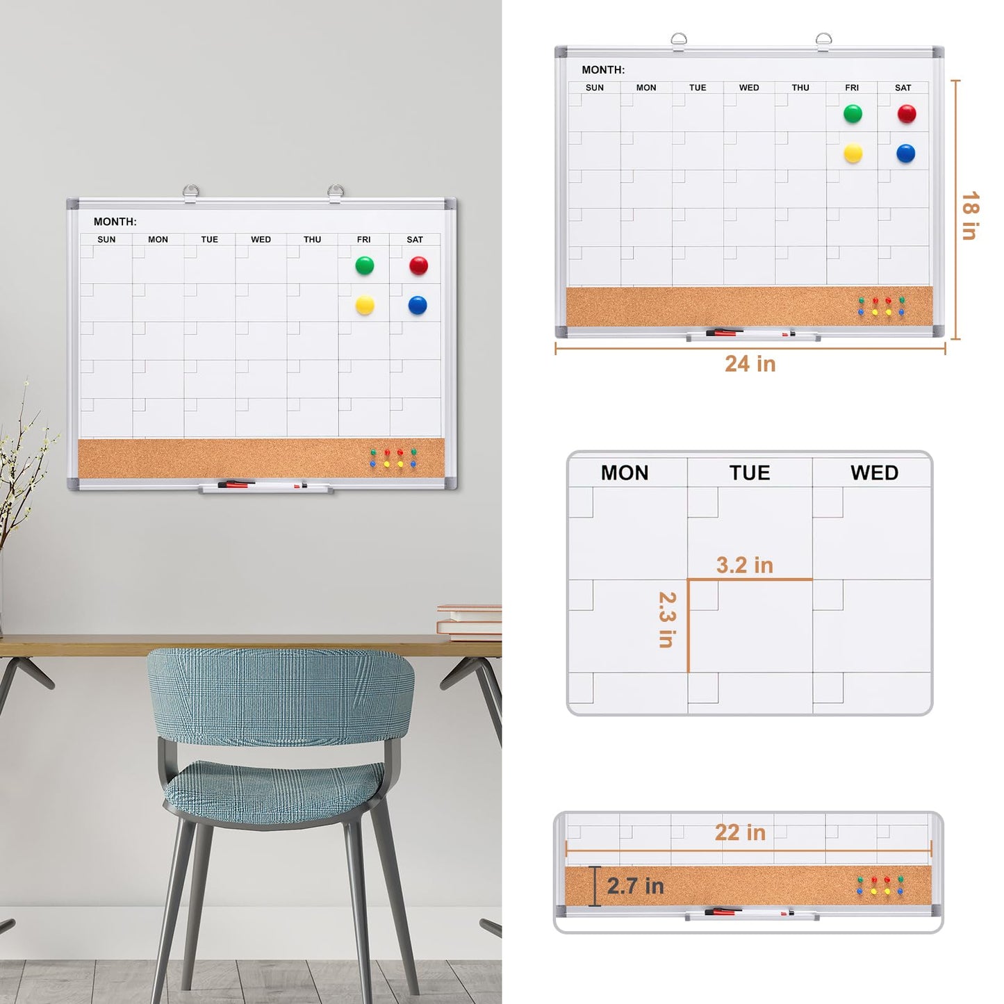 Comix Dry Erase Calendar Whiteboard Corkboard Combo, 24 * 18 inch Monthly Calendar and Bulletin Board Combination for wall, Aluminum Frame Planner with Dry Erase Markers, Magnets, Push Pins