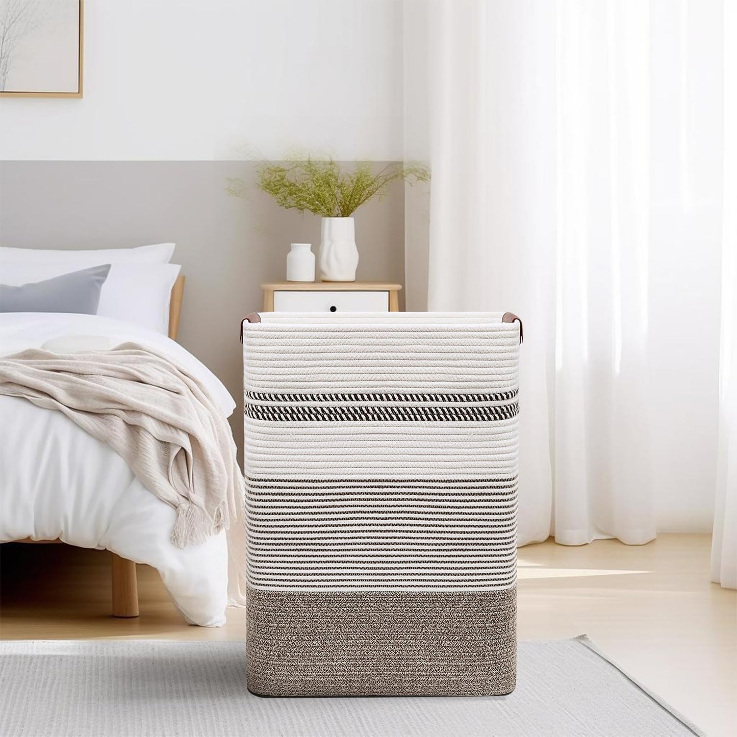 DOFASAYI Laundry Basket - 85L Large Cotton Rope Blanket Basket with Leather Handles, Decorative Storage Hamper, Clothes Hamper for Living Room, Bedroom, Rice Brown & White