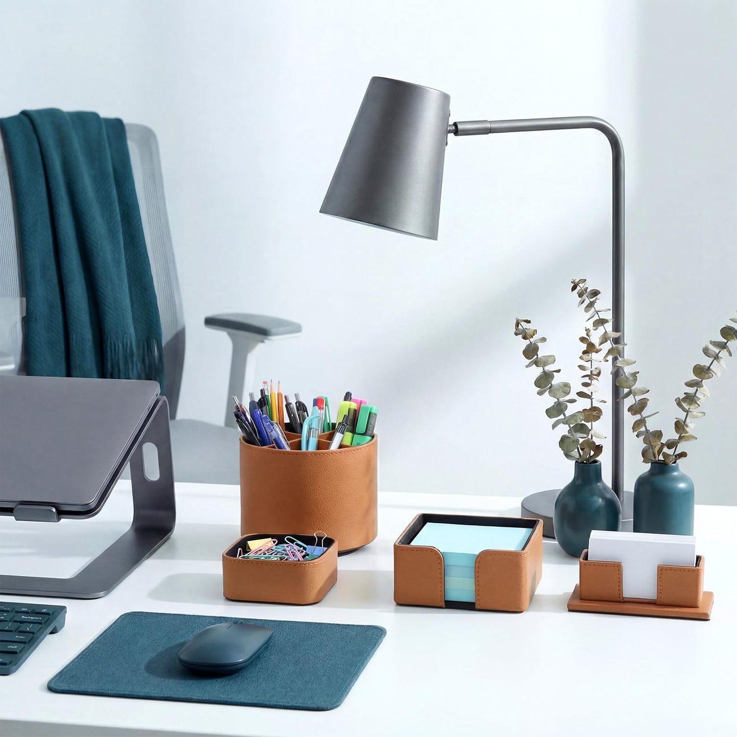 YooNotee 4 Pcs Rotating Leather Pen Holder Organizer Office Desk Accessories Set with Business Card Sticky Note Holder Paperclip Storage Desktop Storage Supply for Teacher Back to School Gift(Brown)