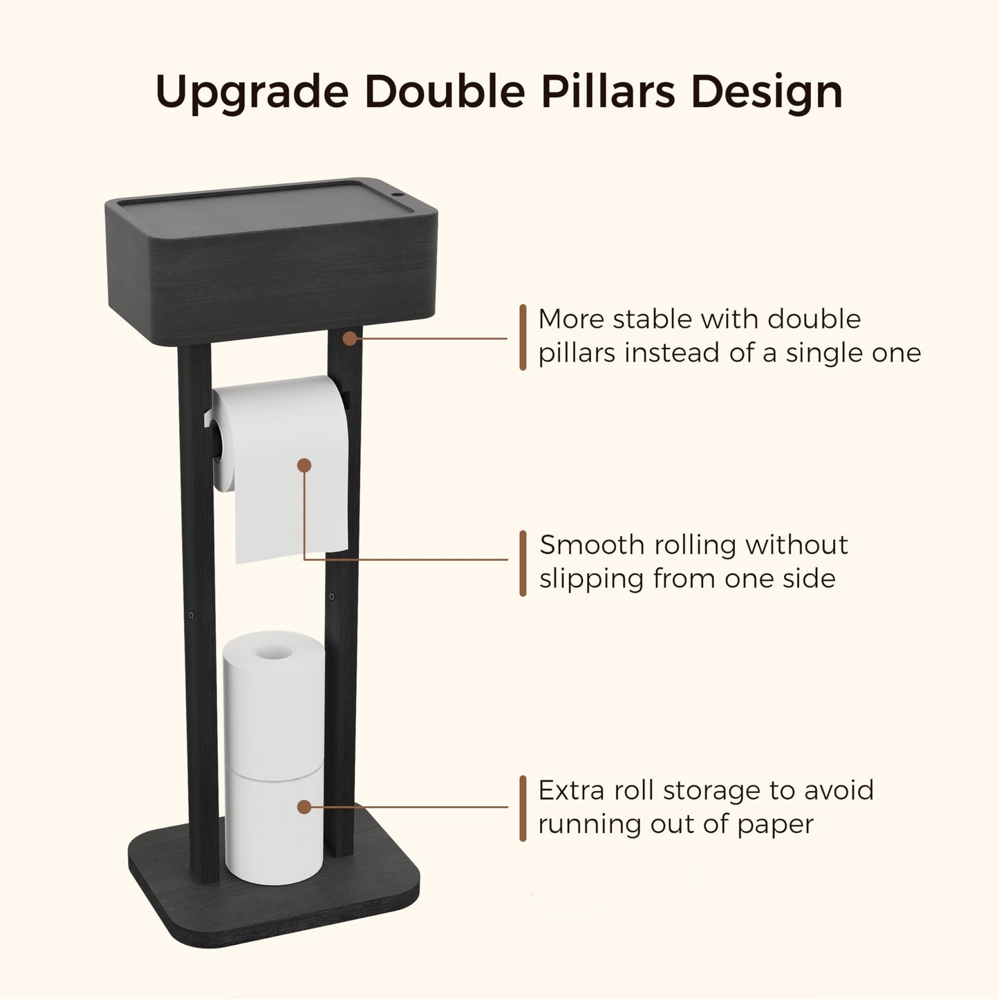 Wealone 4-in-1 Black Toilet Paper Holder Stand with Storage Shelf Box, 360° Rotating Bamboo Free Standing Toilet Tissue Roll, Toilet Wipes Dispenser Organizer, Temporary Desktop for Bathroom (Patent)