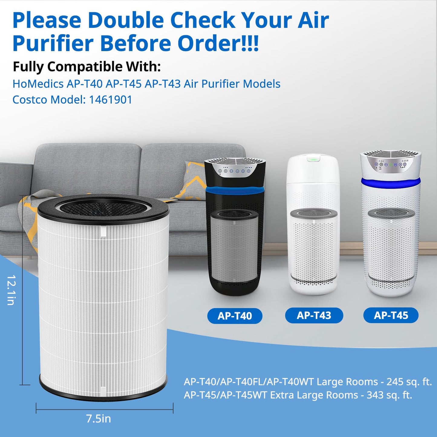 AP-T45 AP-T40FL AP-T43 HEPA Replacement Filter Compatible with 1461901 Homedics 5 in 1 Total Clean Air Purifier 1461901 Replacement Filter, AP-T40, AP-T43, and AP-T45-WT, Costco 1461901