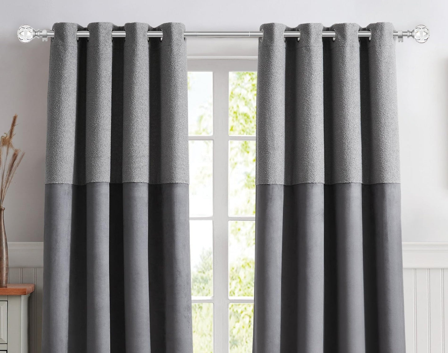 KAMANINA Silver Crystal Curtain Rod 72 to 144 Inches (6-12 Feet), 1 Inch Heavy Duty Curtain Rods for Windows, Telescoping Long Drapery Rods with Acrylic Diamond Netted Texture Finials