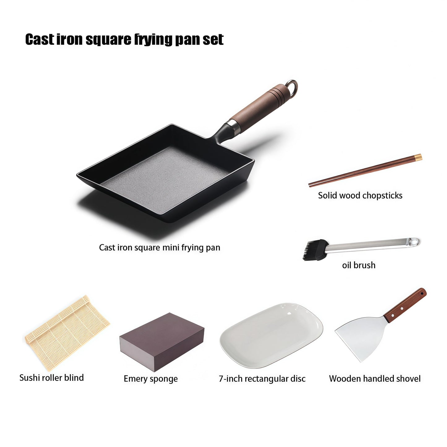 Japanese Cast Iron Tamagoyaki Pan - Pre-Seasoned, Liquid Nitrogen Treated, Non-Rust, Ready to Use, Detachable Wood Handle, Oven Safe, for Omelets, Steak & Camping, Chemical-Free Non-Stick,9x7 Inch