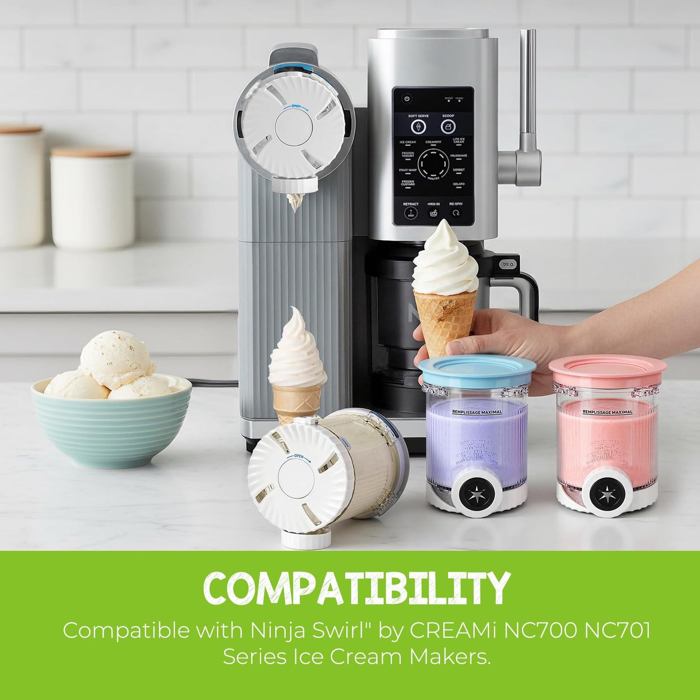 4-Pack Creami Swirl Pints and Lids, Compatible with Ninja NC701, NC701C, NC700 Series – Creami Containers Accessories for Ninja Swirl Ice Cream & Soft Serve Makers, BPA-Free