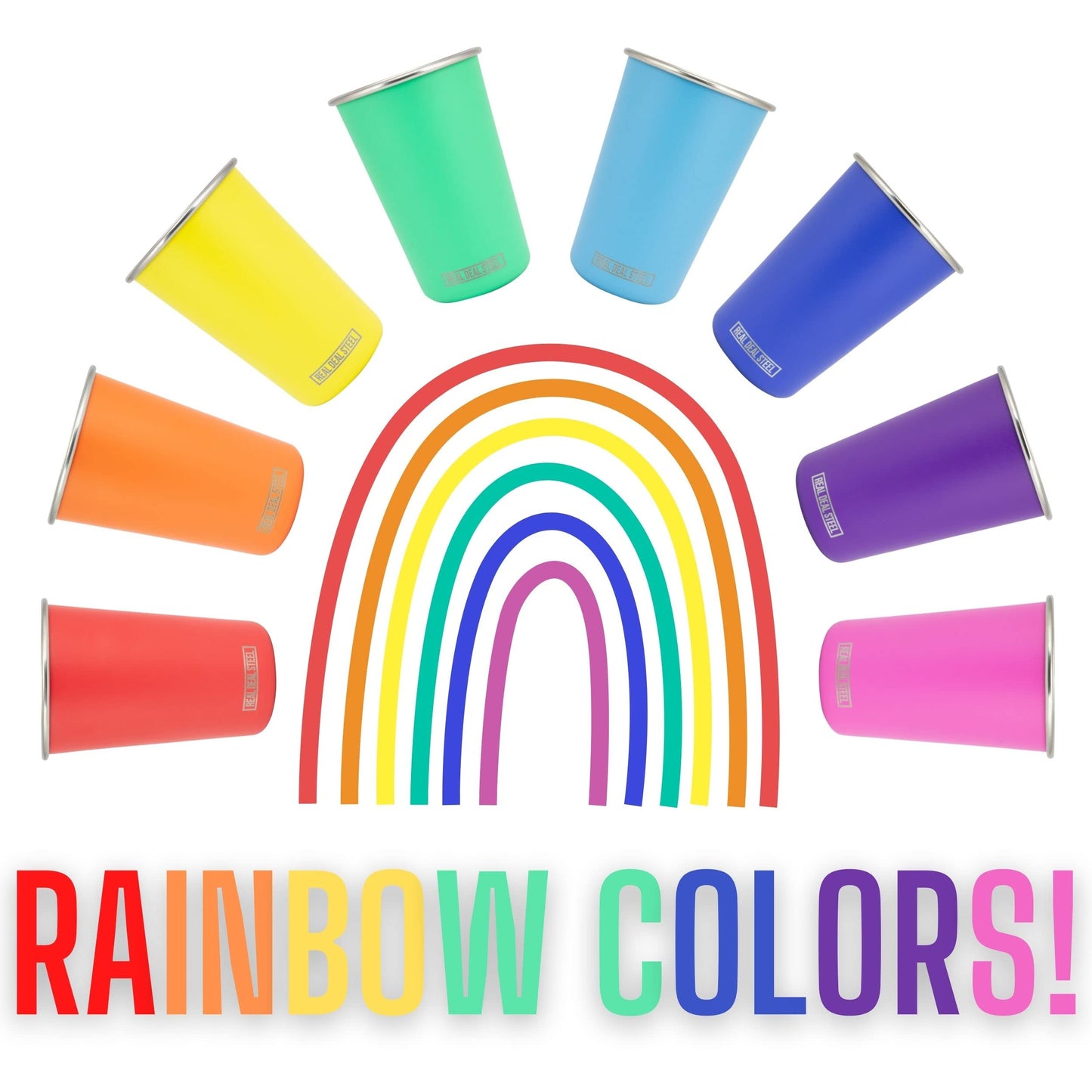 Real Deal Steel Rainbow Cups 16 oz Pint Cups, Stackable Tumblerrs, Eco Friendly Premium Metal Drinking Glasses