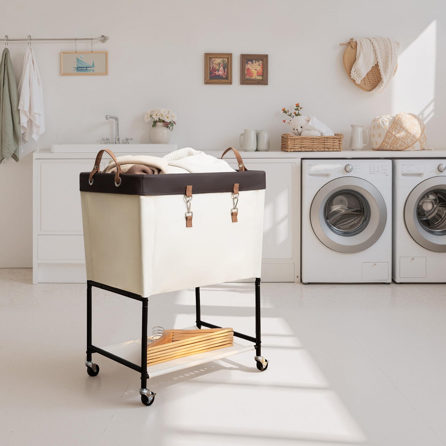 StorageWorks Laundry Cart, 2 Tier Rolling Laundry Basket, Heavy Duty Laundry Basket with Lockable Wheels, Laundry Room Organization and Storage, Clothes Hamper for Bedroom, Dorm, Closet, 29Gal, Beige