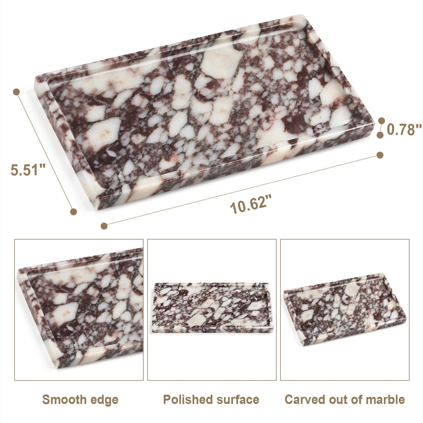Natural Marble Vanity Tray - Moujings Genuine Marble Perfume Tray for Bathroom Decor, Stone Bathroom Vanity Organizer Tray for Kitchen Counter, Candles, Jewelry, Coffee, Makeup, Key