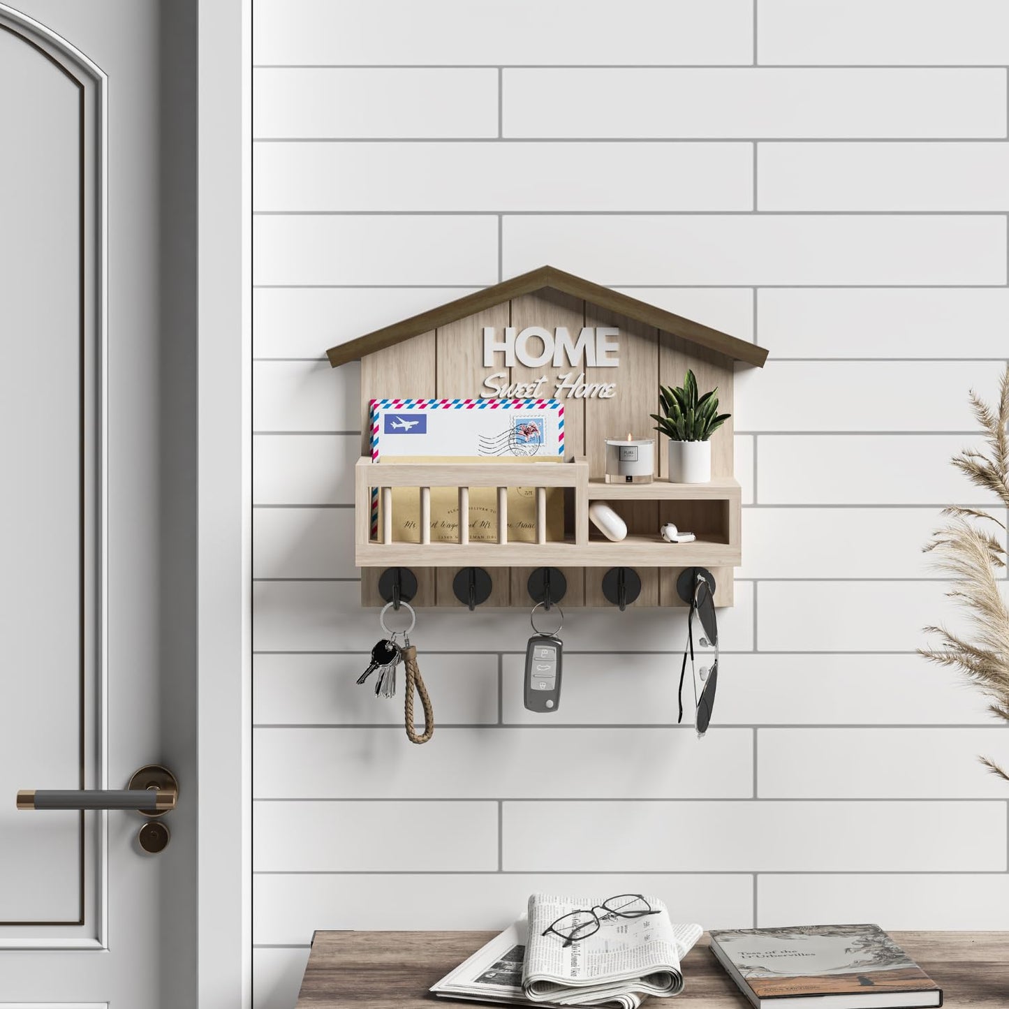 FERAHI Key and Mail Holder for Wall, Wall Key Holder with Shelf, Key Rack Wall Mount, Wood Key Holder Wall Mount, Mail Organizer Wall Mounted, Entryway & Front Door Key Holder with 5 Hooks(White)