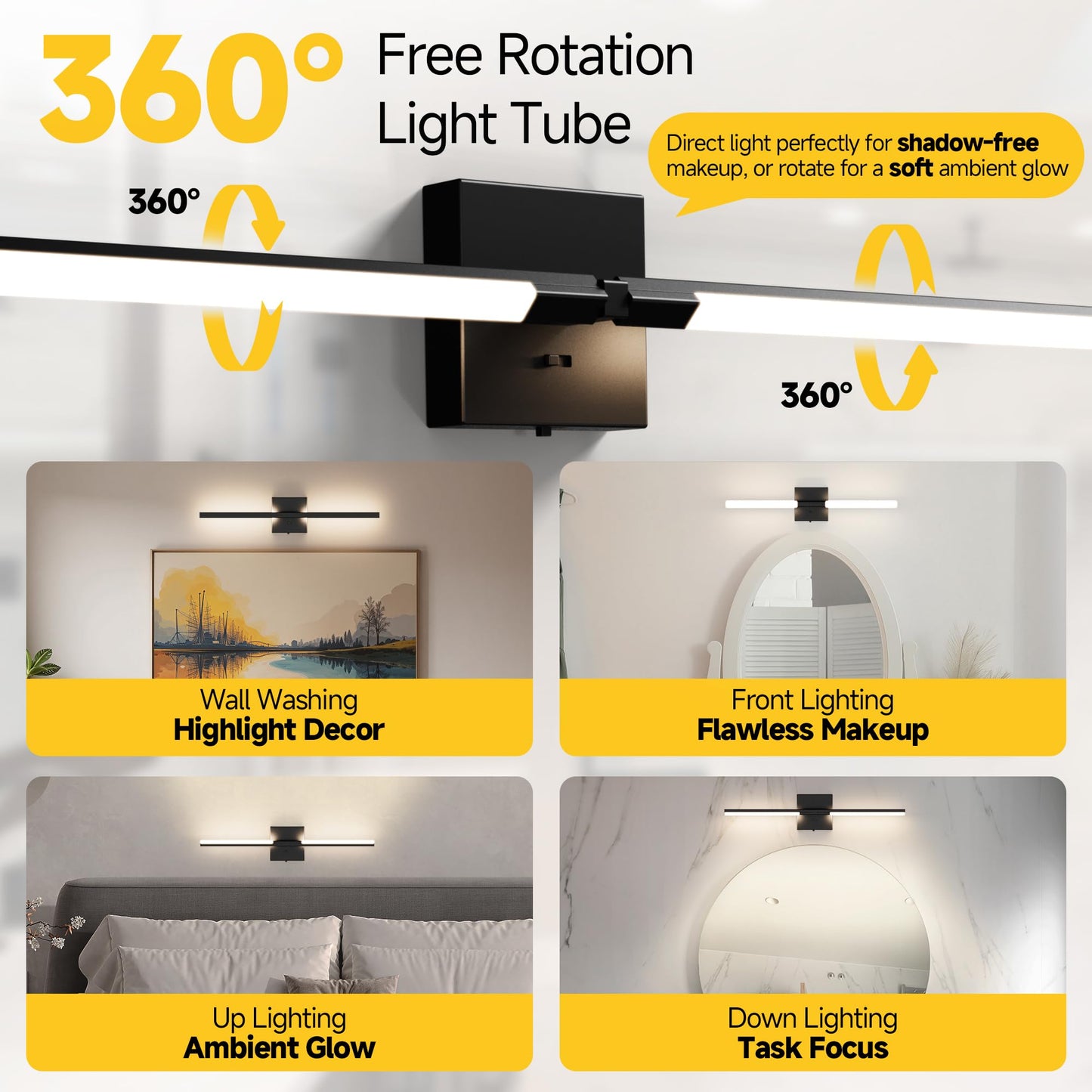 Veriligt Vanity Lights 24 inch, 4-Level Brightness Built-in Dimmer, 14W Dimmable 5CCT Bathroom Light Fixtures Over Mirror, Black Vanity Lights for Bathroom Mirror Cabinets Bedroom-FCC & ETL Certified