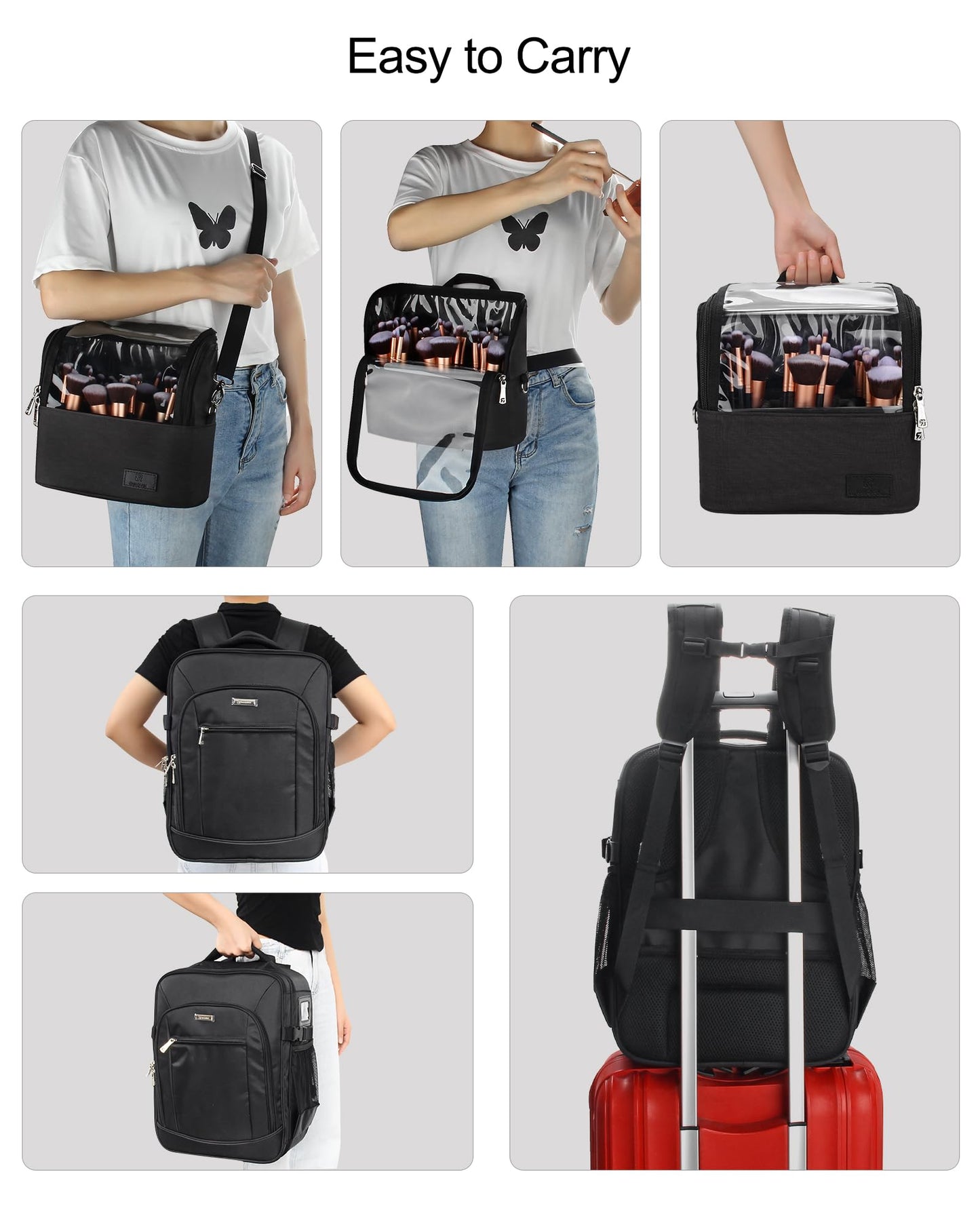 Makeup Backpack Makeup Artist Bag Professional Extra Large Cosmetic Bags Travel Train Case Storage Organizer Double-Layer Cosmetic Case with 4 Pouch and Brush Organizer (Black, two piece)