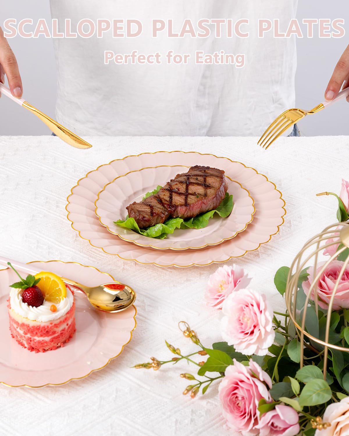 Ciaell 175 PCS Pink Scalloped Plastic Plates with Gold Trim - Pink Plastic Silverware with Handle - Fancy High-End Dinnerware Sets for Wedding & Baby Showers & Party