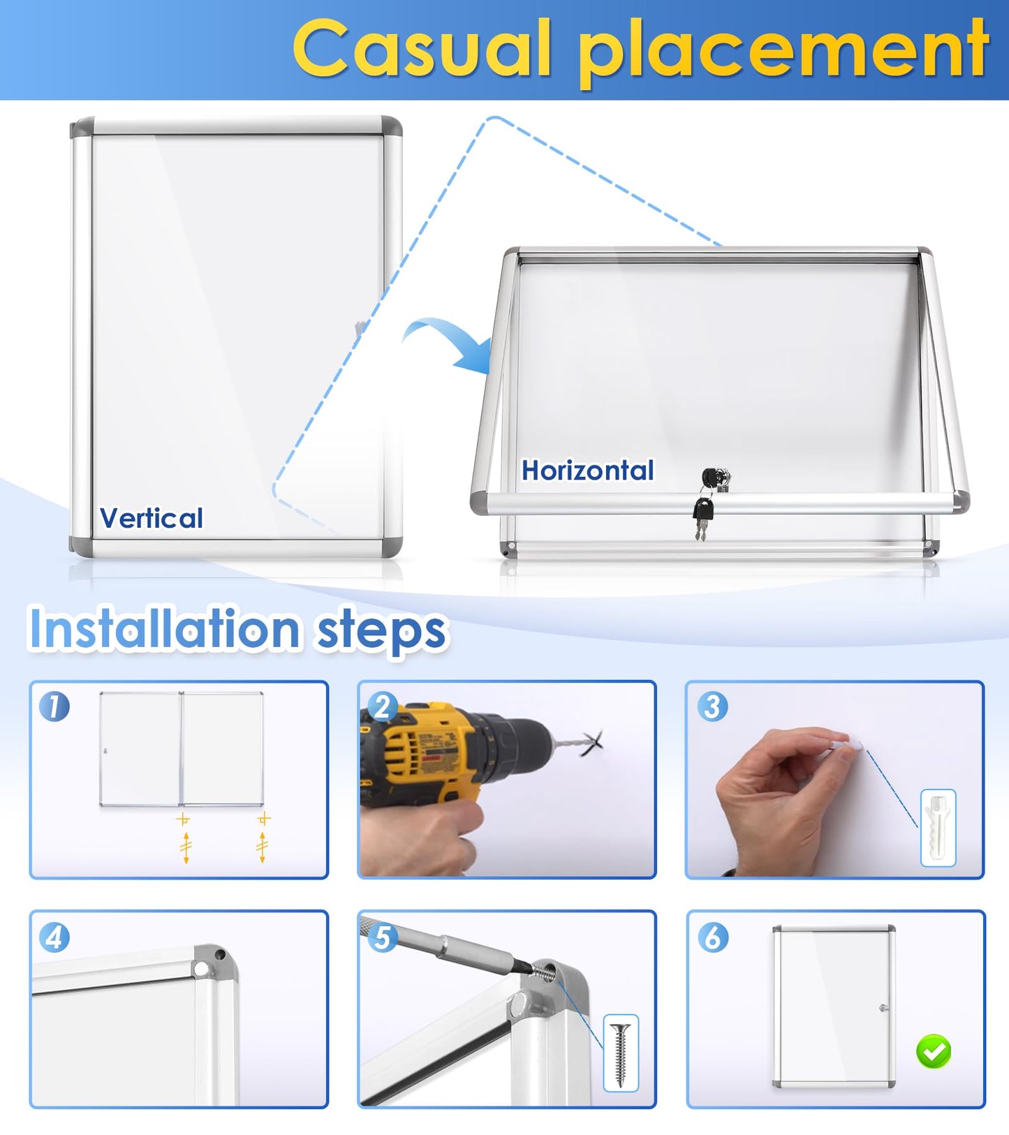 SWANCROWN Enclosed Bulletin Board 20x14 in Lockable Magnetic White Board Wall Display Case, Aluminium Frame, 2xA4