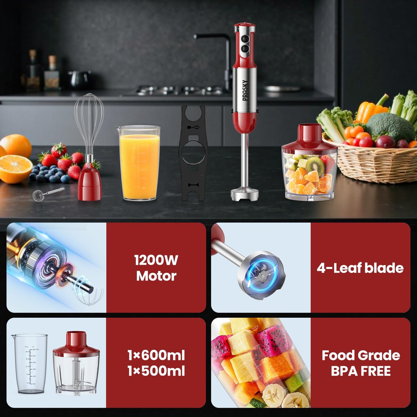 Immersion Blender Handheld 1200W, 5-in-1 Hand Blenders, 20 Speeds Hand Mixer, Stainless Steel Blades, Milk Frother Wand, Whisk, Beaker, Suitable for Kitchen, Protein Shakes and Baby Food (Red)