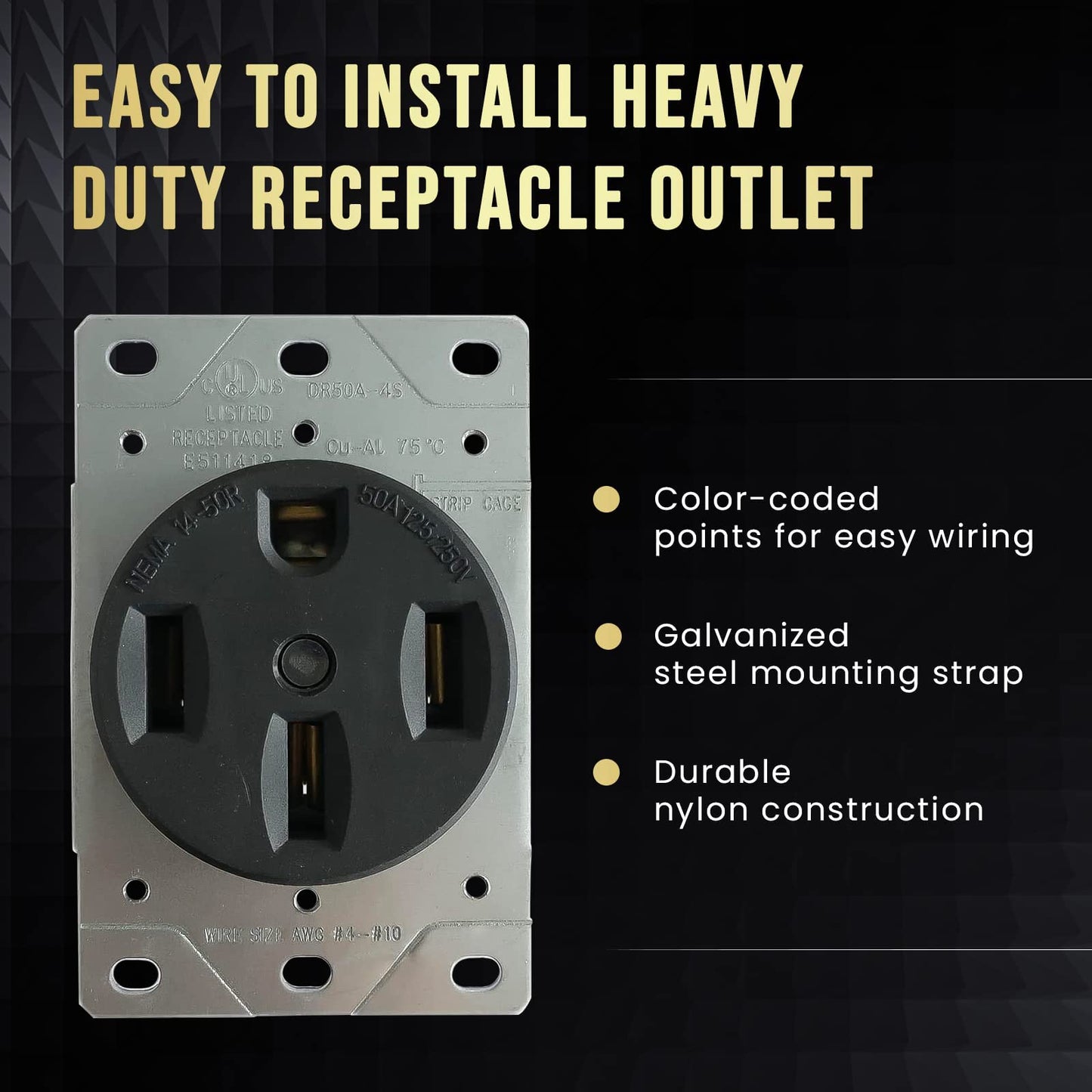 Select 10 Pack Lighting SL-DR50A-4S Volt Straight Blade Device, NEMA 14-50R, 50 Amps 125/250V Range Receptacle, Flush Mounting Power Outlet, Grounding, 3 Pole 4 Wired