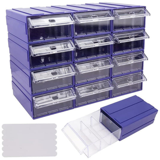 12 Pcs Drawer Stacking Storage Cabinet, Blue Plastic Drawers Storage Closet & 36 Pcs Clear Dividers Organizer Rack & 48 Pcs Tag Card & 24 Pcs Non-slip Stickers for Home Office School