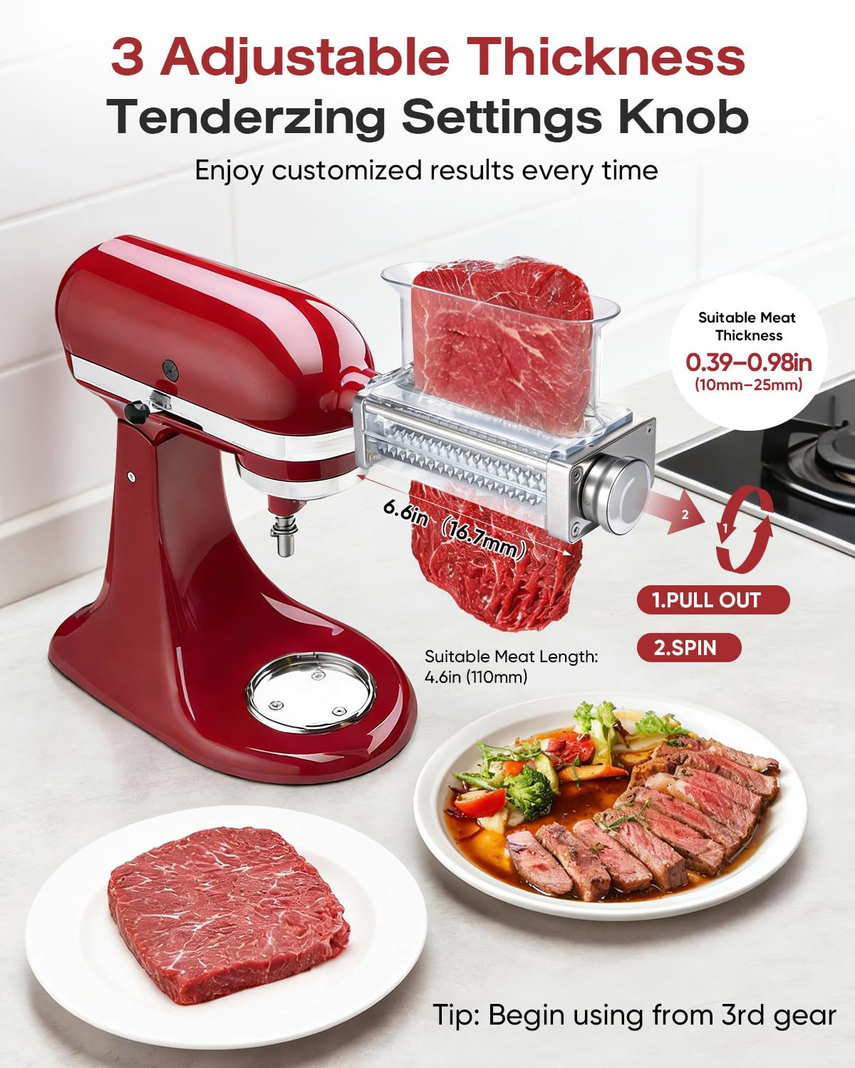 Adjustable Meat Tenderizer Attachment for KitchenAid Stand Mixers 3 Thickness Settings with Wide Metal Wheel & Tall Chute Meat Tenderizer Tool (meat tenderizer)