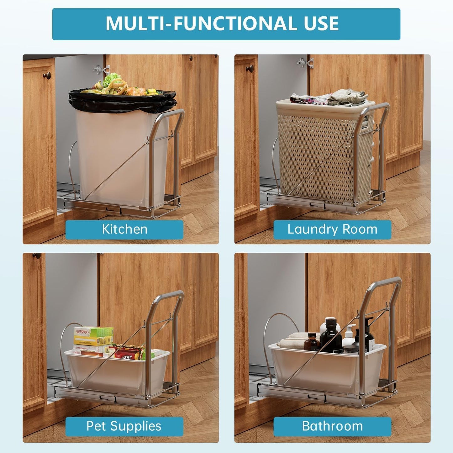 Pull Out Trash Can Under Cabinet with Soft-Close Slides，Heavy Duty Slide Out Under Sink Garbage Can for Kitchen，Adjustable Tail Groove for Can，Requires 13" W X 18" D Cabinets,(Not Included Trash Can)