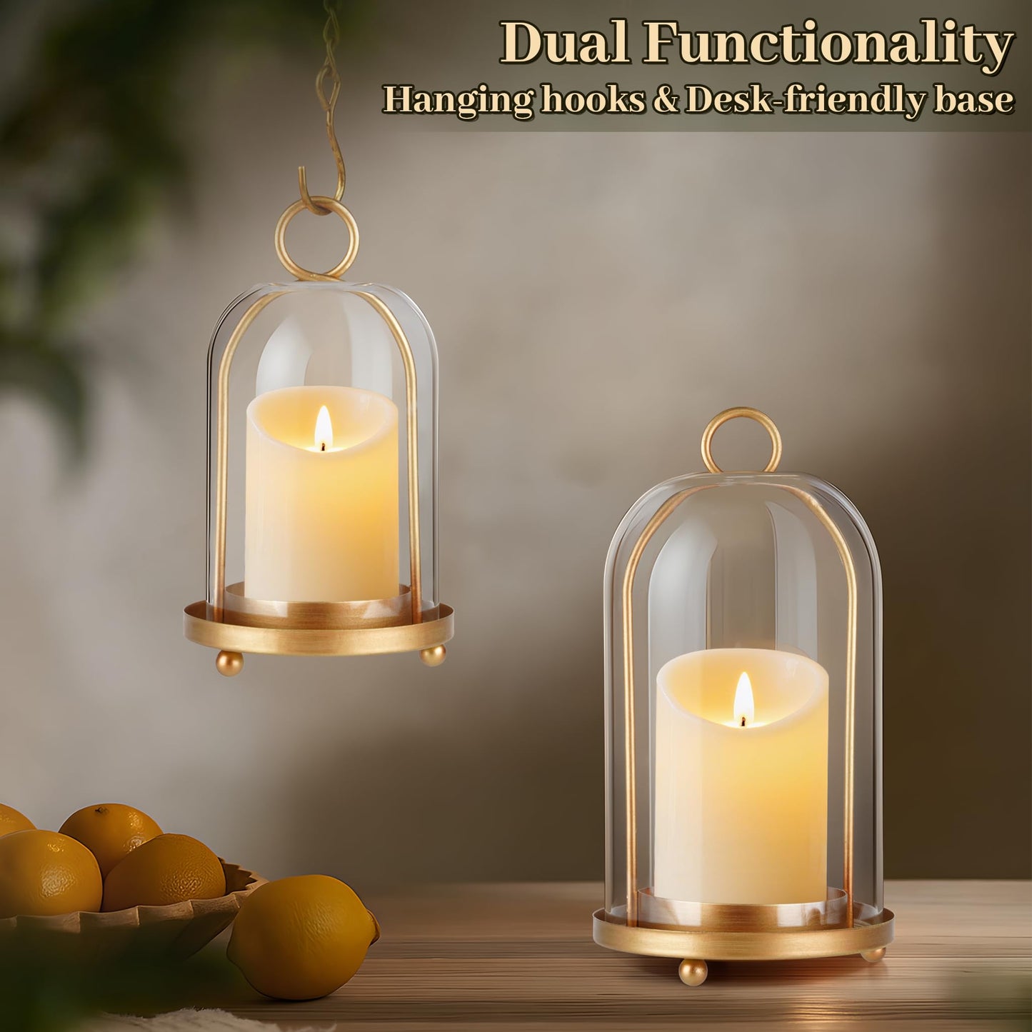 Glass Hurricane Candle Holder Decorative Gold Candle Lantern, Pillar Candlestick Holders Set of 2, Hanging Metal Holder Modern Table Centerpieces, Antique Brass
