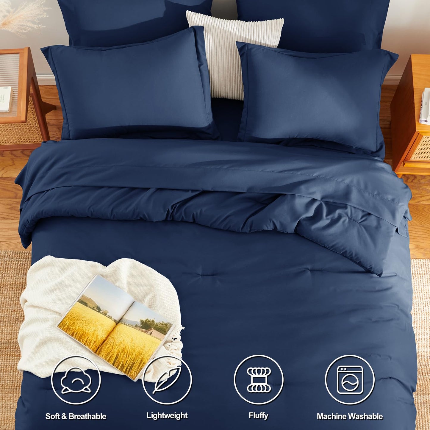 HIMEET Queen Comforter Set - 7 Pieces Bed in a Bag Queen Size, Luxury Comforter Set with Sheets for All Season, Bed Set with Comforter, Flat Sheet, Fitted Sheet, Pillowcases & Shams, Navy Blue