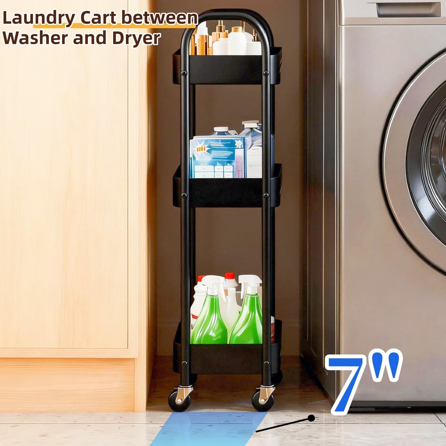 LIWNYRK 3 Tier Slim Metal Rolling Storage Cart for Laundry Room & Kitchen Organizer, 7.1'' Thin Standing Shelf for Narrow Spaces, Utility Cart with Wheels & Lockable Casters for Bathroom, Black