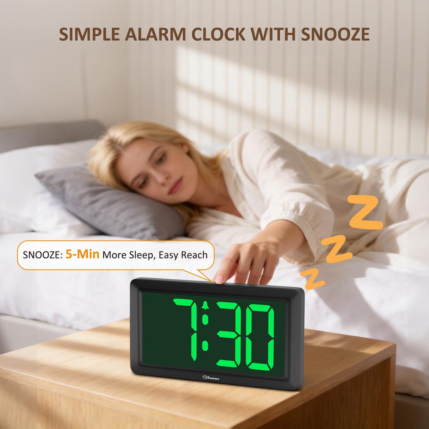 Soobest 9.5 Inch Large Digital Wall Clock Battery Operated, Auto & Manual Dimmer Display, Easy to Read Big Digits with Alarm for Seniors, Modern Decor for Living Room, Bedroom, Office (3.2" Numbers)