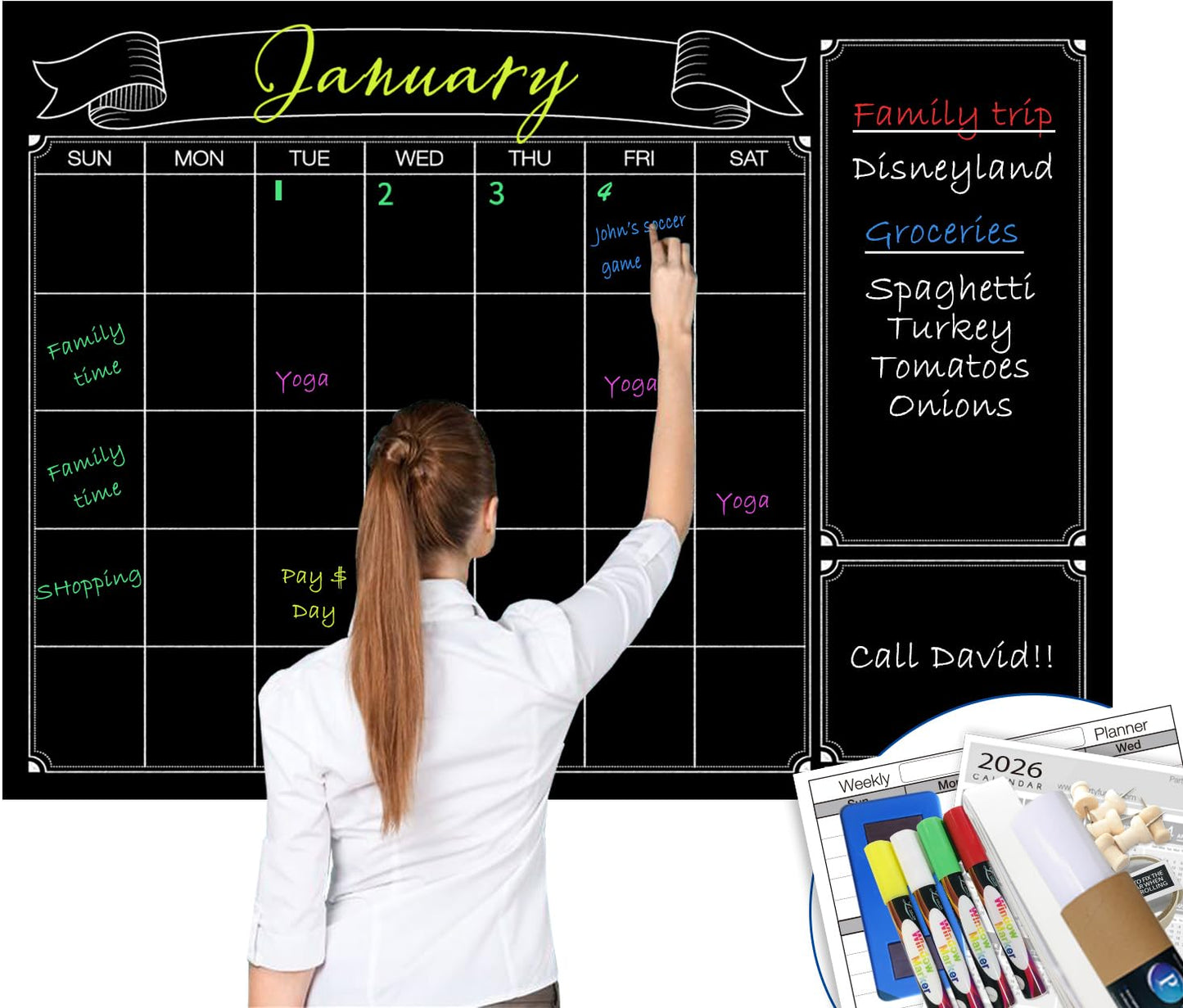 Extra Large chalkboard calendar for wall, 38x50 inch big black chalk board calendar, jumbo Monthly Laminated whiteboard calendar, huge erasable dry erase calendar planner