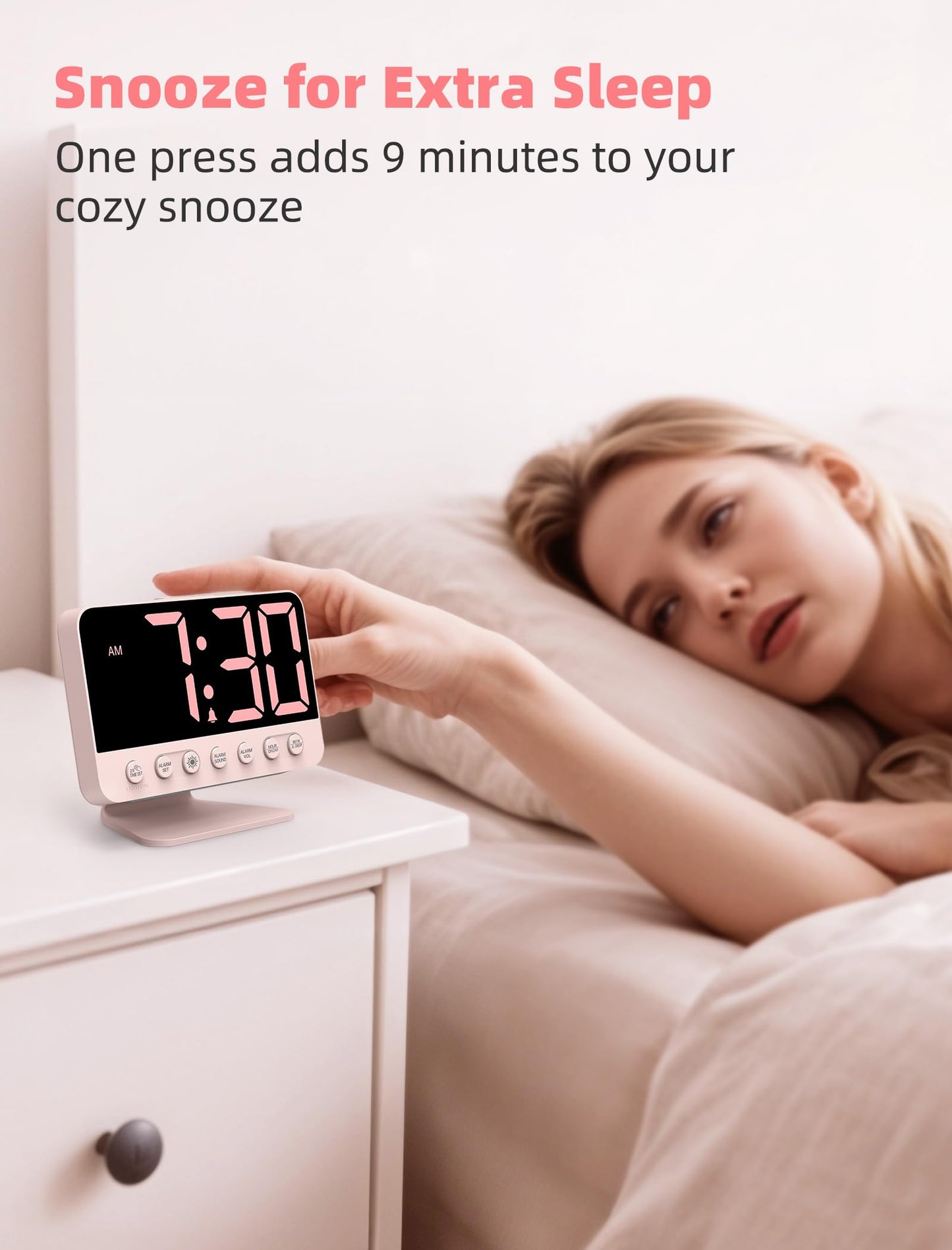 Odokee Digital Alarm Clocks for Bedrooms: Large Bold Number 5 Brightness Dimmer - Easy to Read Across The Room - 5 Alarm Sound 8 Night Light - Sakura Pink