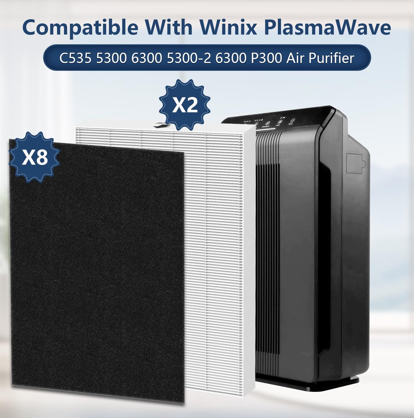 115115 Replacement Filter A Size 21 Compatible with Winix PlasmaWave 5300-2, C535, P300, 6300-2, 5300, 9000 Air Purifier, 2 True HEPA Filter 8 Carbon Pre-Filters