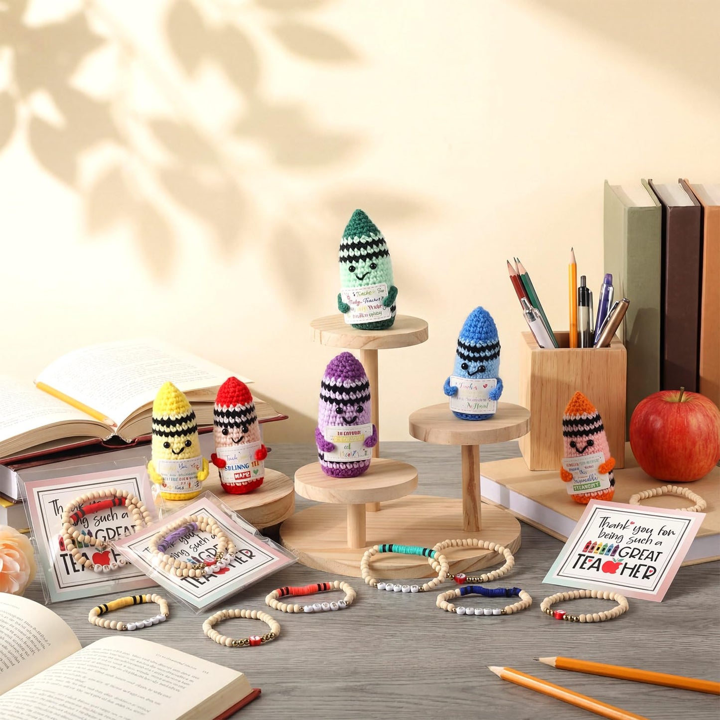 Juinte 6 Set Teacher Appreciation Gifts Crayon Crochet Dolls with Thank You Teacher Bracelet Presents for Graduation End of Year from Students