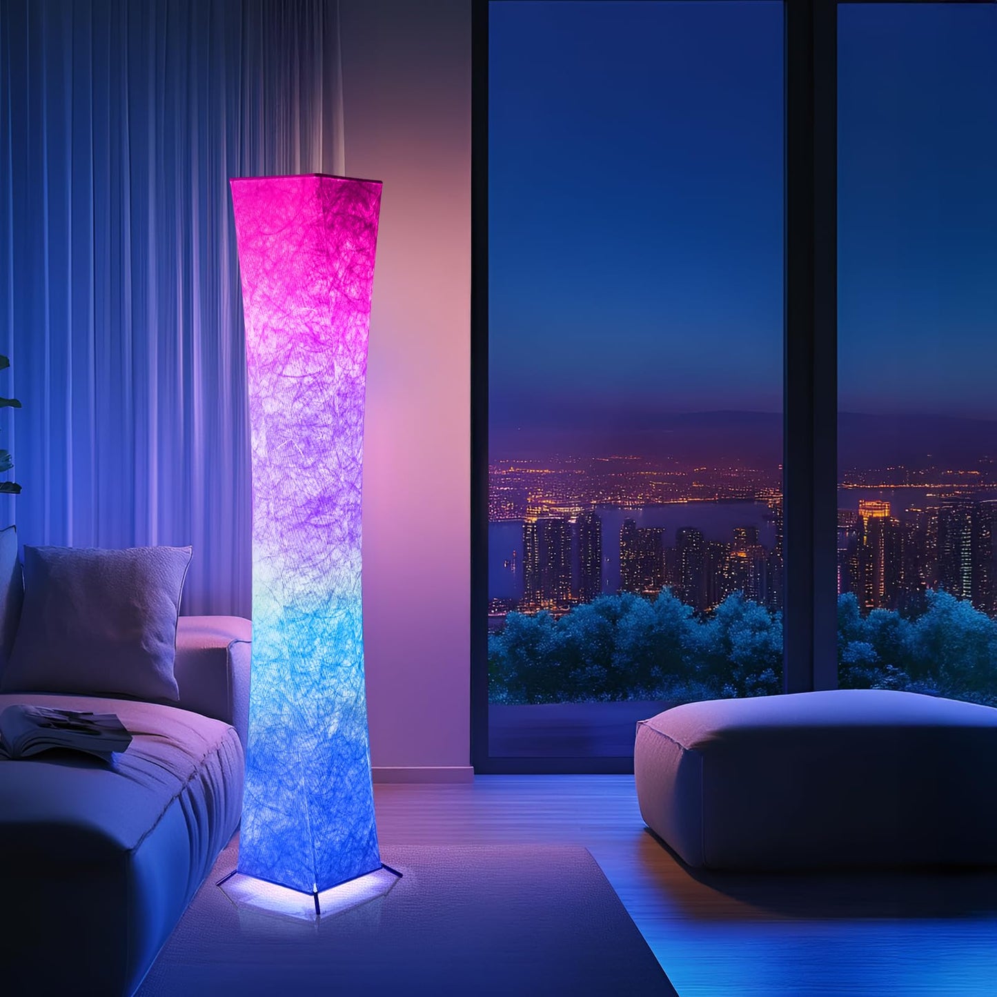 Morden LED Soft Light Floor Lamp, 52" Simple Design Slim RGB 16 Color Changing Tyvek Fabric Shade Dimmable Remote Control Standing Lamp for Living Room Bedroom Game Room