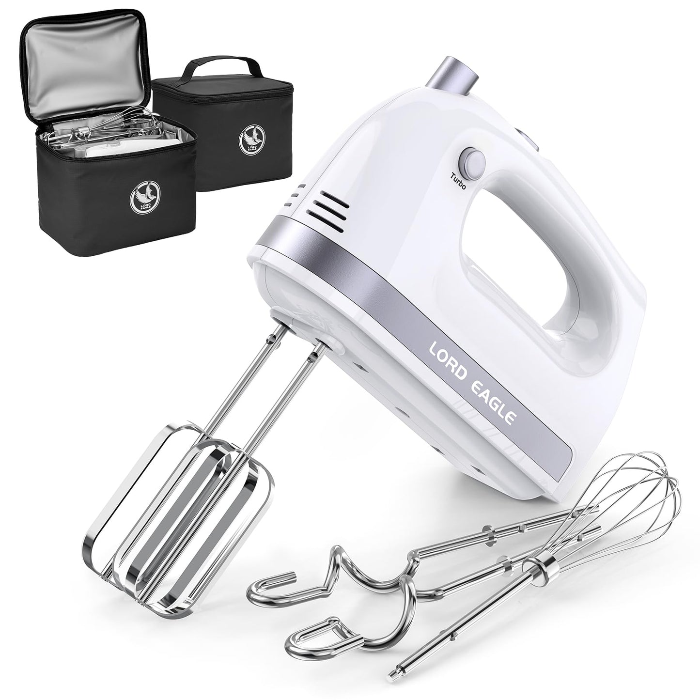 Lord Eagle Hand Mixer Electric Handheld 400W, 5-Speed Lightweight Kitchen Mixer with Stain-resistant & Waterproof Storage Bag, 5 Stainless Steel Attachments for Baking Cake Egg Cream Food Beater
