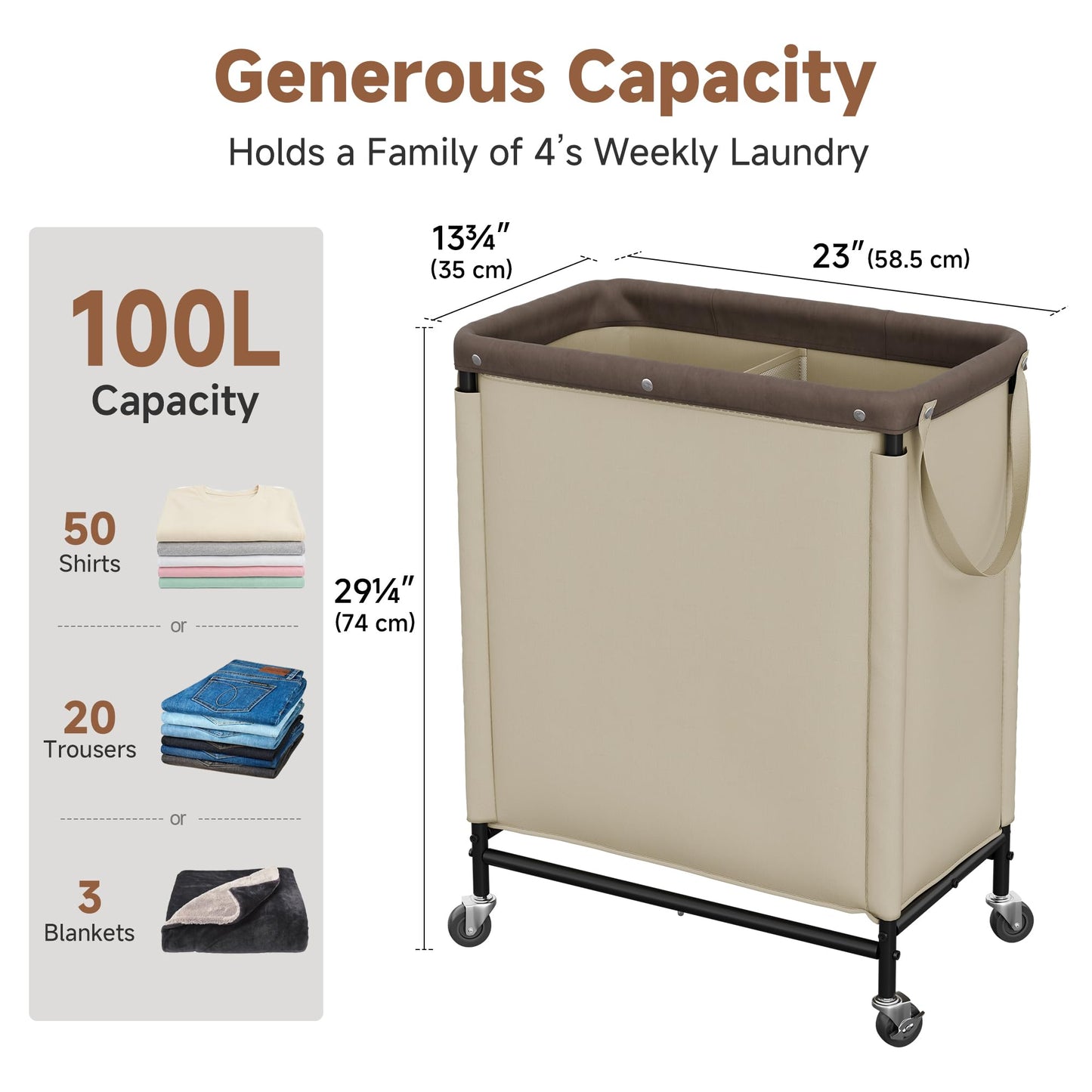 StorageWorks Laundry Hamper 2 Section, 100L Rolling Laundry Sorter Cart with Removable and Washable Liner Bag, Clothes Hamper with Wheels and Handle for Laundry Room and Bedroom, Light Khaki