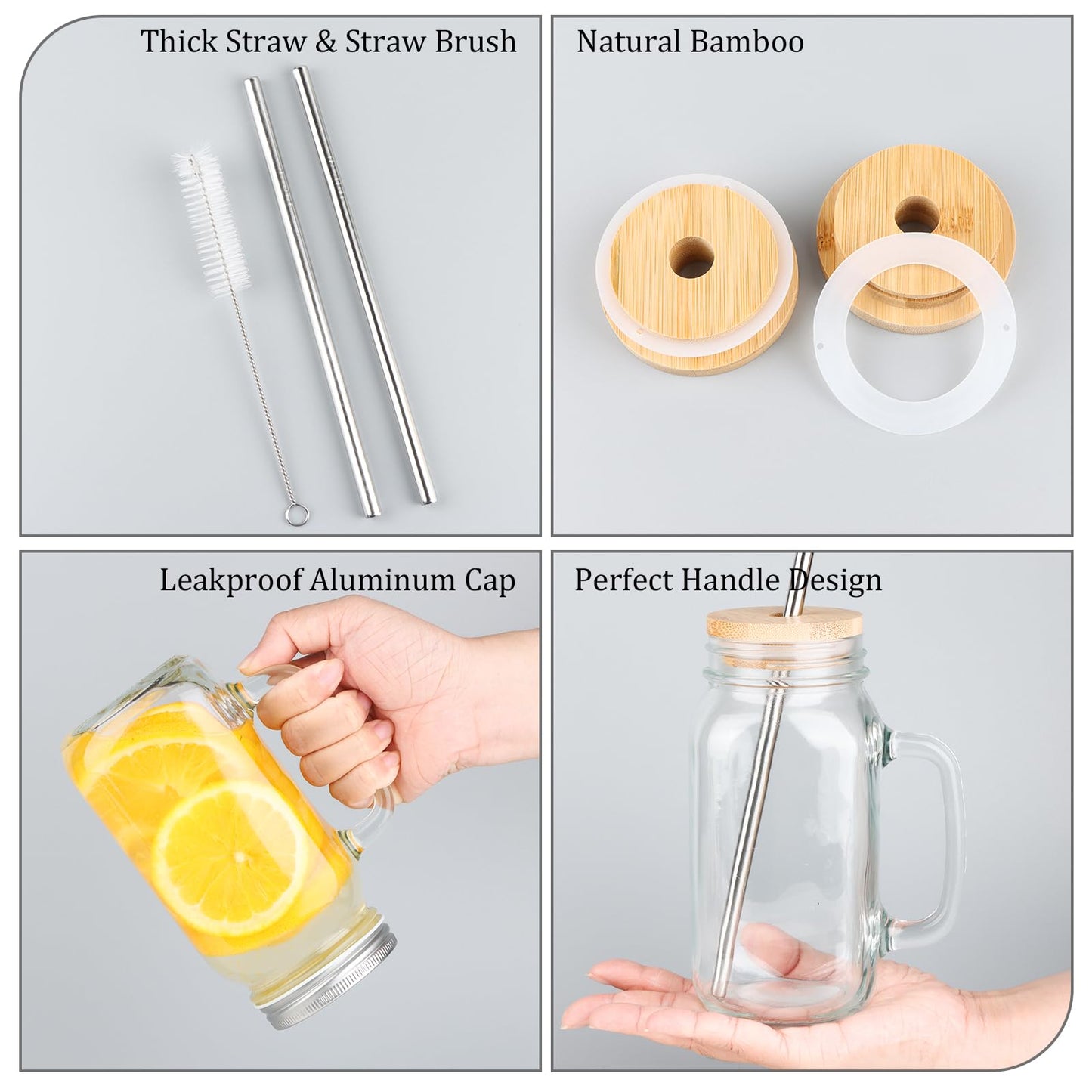 LOSANJI 24 oz Mason Jar Cups with Handles, Wide Mouth Iced Coffee Cup with Bamboo Lids & Straws, Large Glass Bottle Mug Drinking Jars Tumbler for Smoothie Cold Water Juice Party Beverages, Set of 4