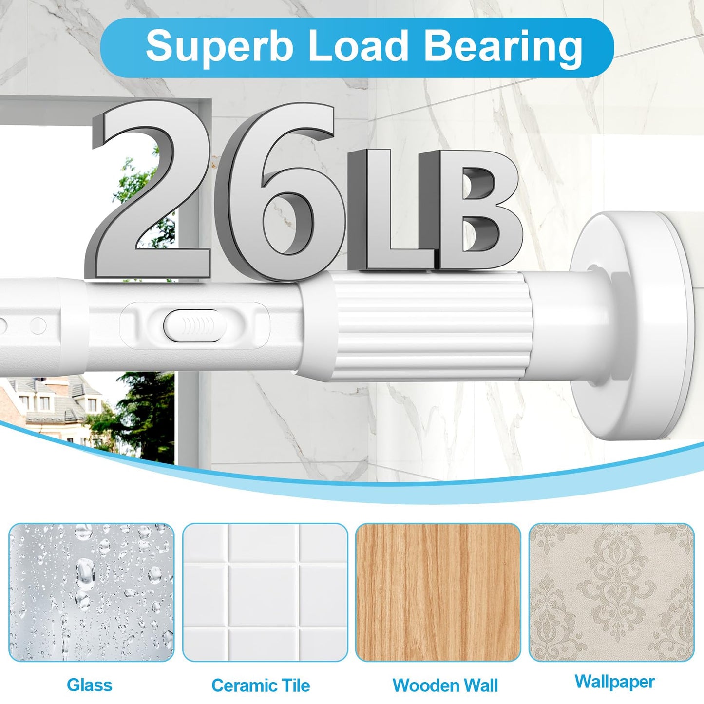 QINGYUN Extra Long No-Drill Tension Curtain Rod 40-166 Inches (4-14Ft), Heavy Duty Adjustable Rod for Outdoor Patio Curtains, Large Windows, Room Divider & Bathroom, White