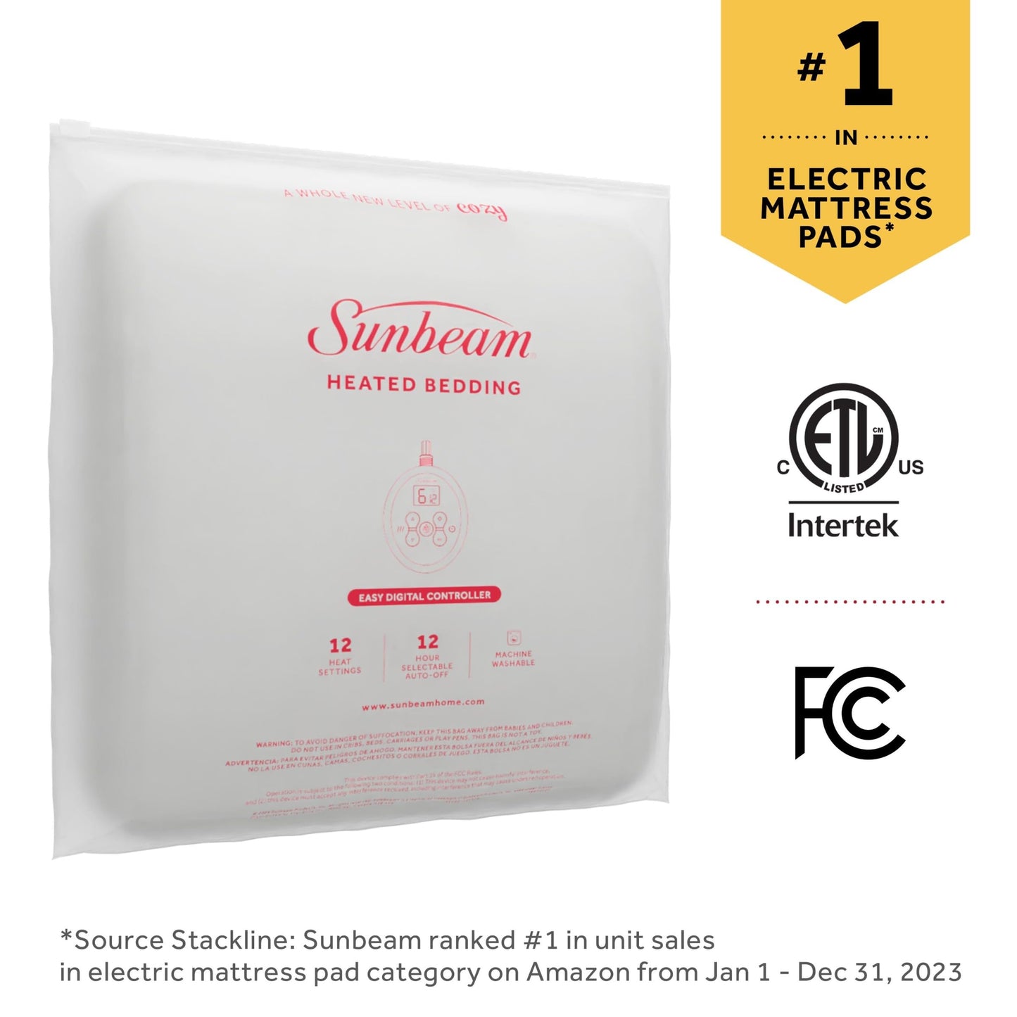 Sunbeam Electric Restful Quilted Heated Mattress Pad Twin 75" x 39" 12 Heat Settings 12-Hour Auto Shut-Off Extra-Cozy Fabric Deep Pocket Fit Machine Washable
