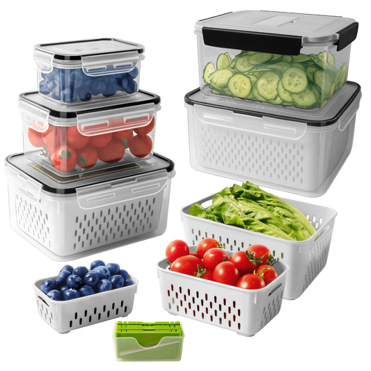 5 PCS Fruit storage Containers for Fridge with Removable Colander and Chopper Set, Leakproof Food Storage Containers with lids, Dishwasher & Microwave Safe Produce Containers to Keep Fruits Fresh ﻿