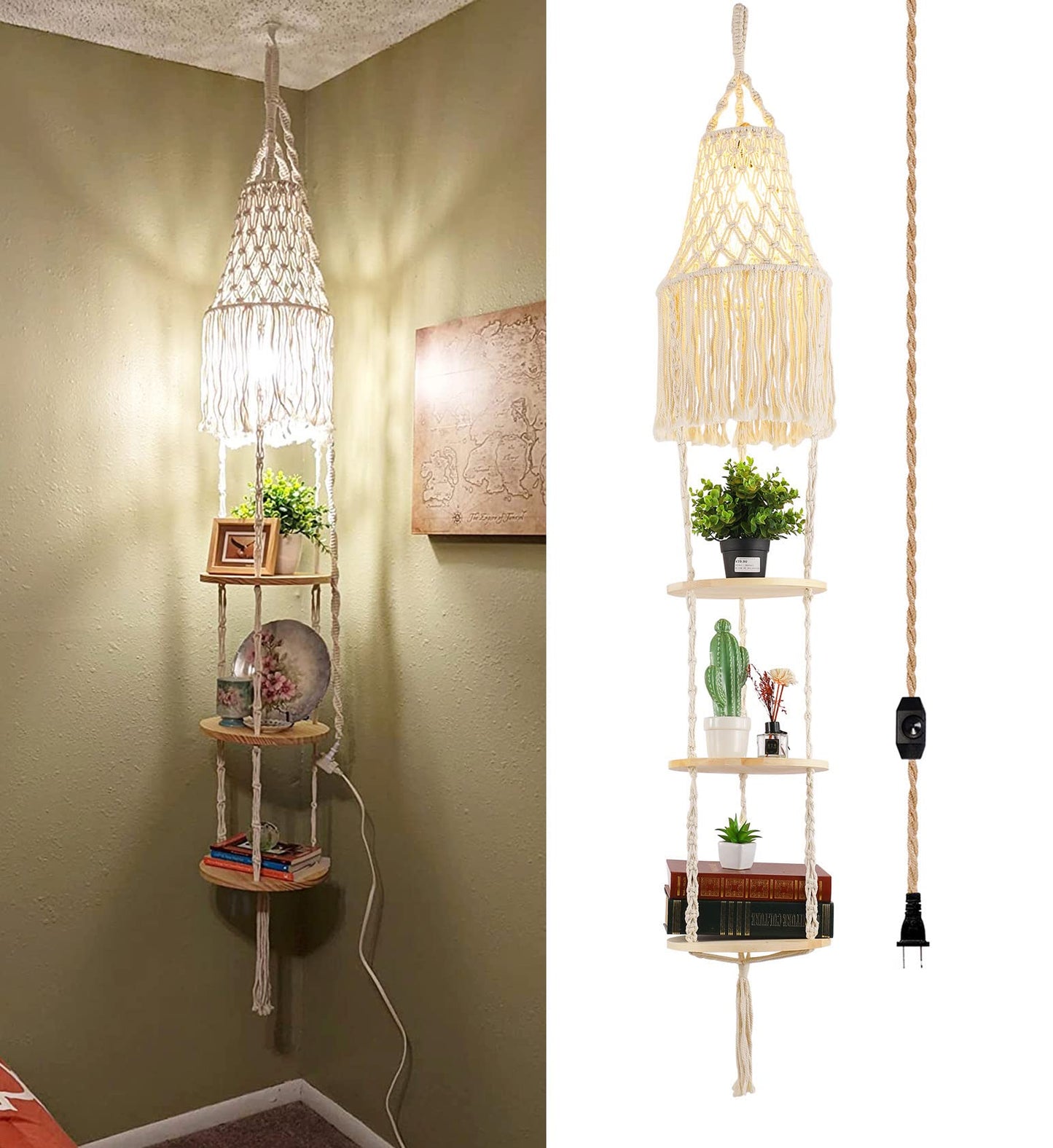 QIYIZM Boho Plug in Pendant Light Hanging Light with Plug in Cord,Dimmable Switch Hanging Lamp Macrame Lamp Shade and Plant Holder Shelf Indoor for Bohemian Decor Bedroom Corner Living Room