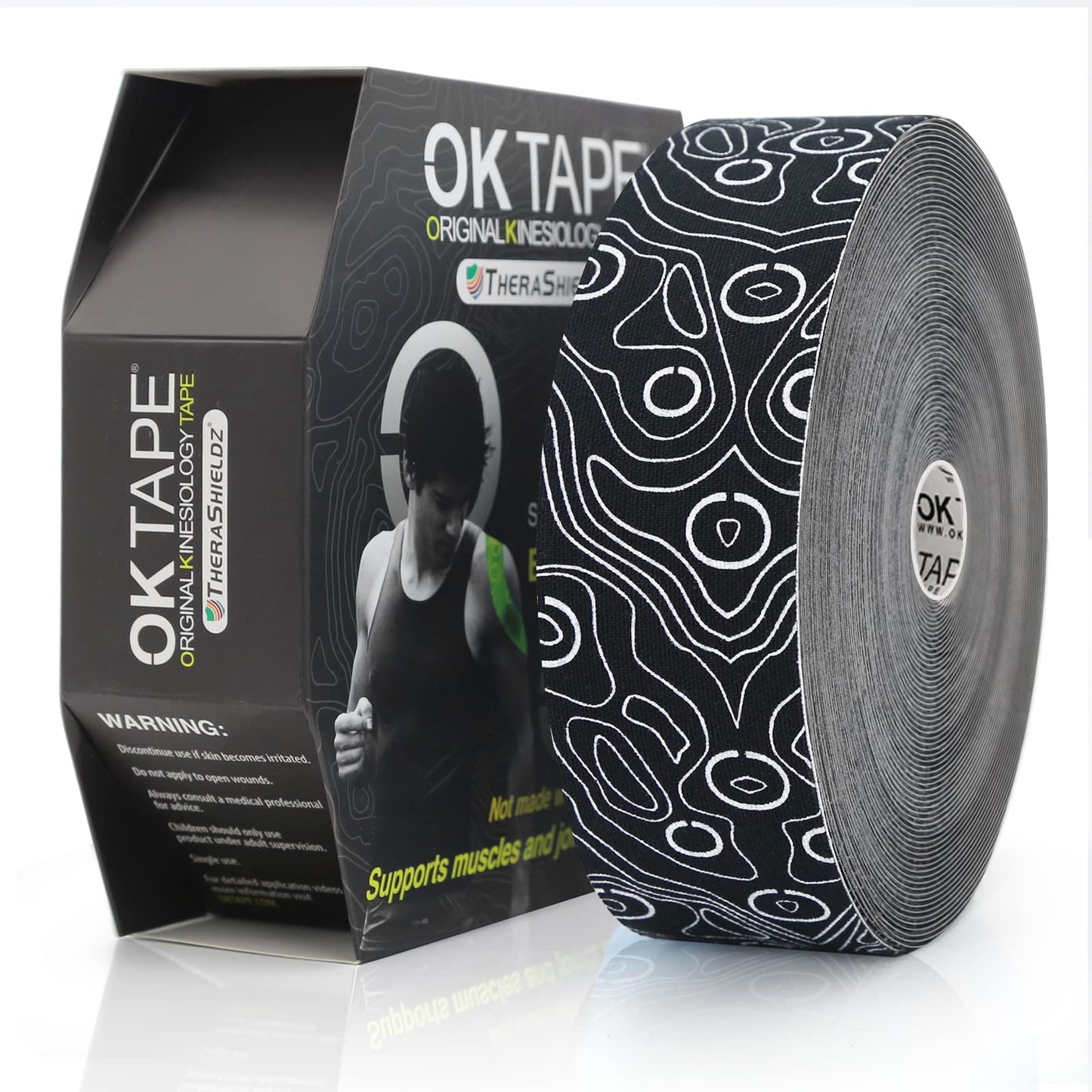 (2in X 103 Feet) OK TAPE PRO Bulk Kinesiology Tape, Original Elastic Latex Free Kinesiology Therapeutic Tape, Free Cut Printed, Black+White
