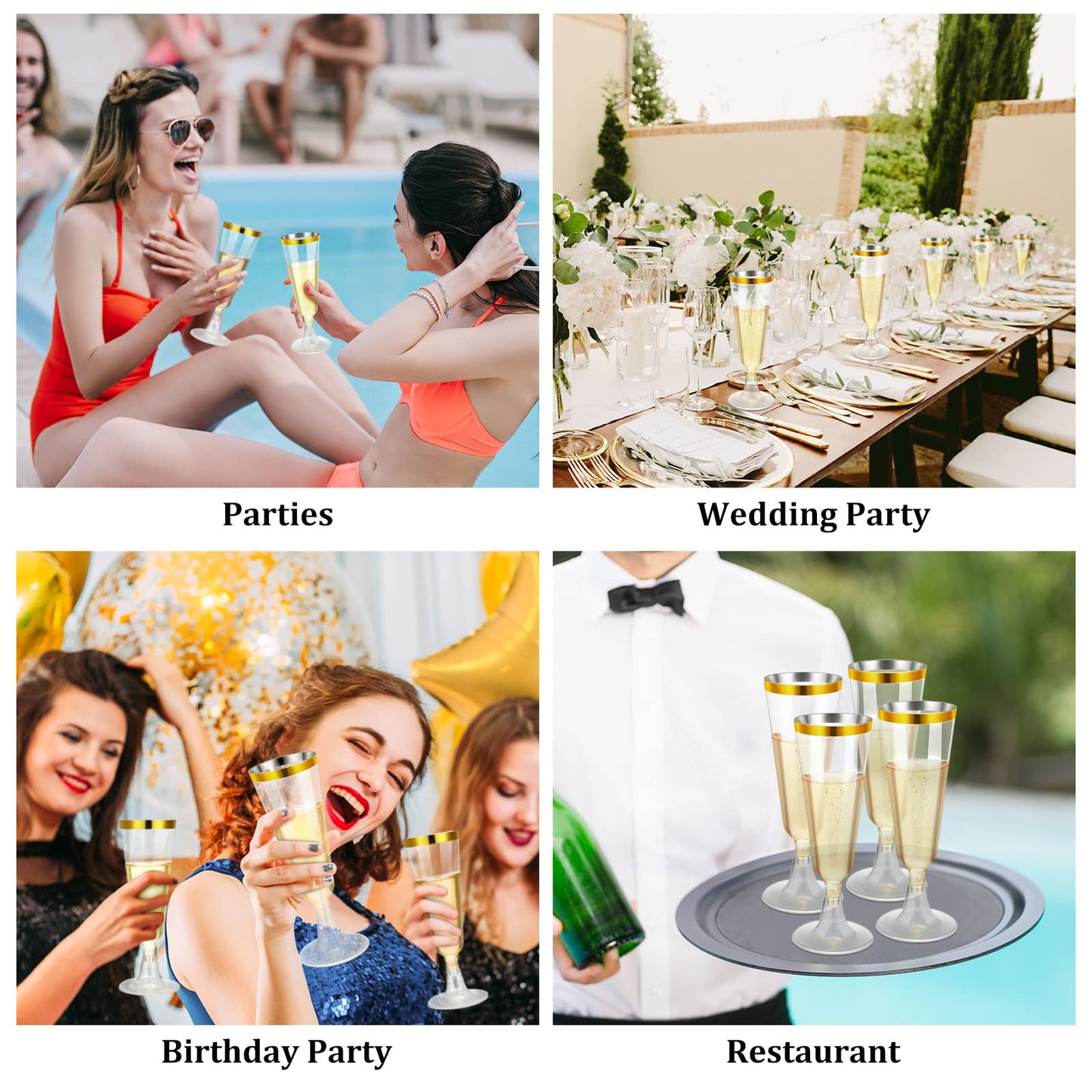 CHENGU 150 Pcs Champagne Flutes 5 Oz Plastic Disposable Champagne Flutes Crystal Wine Glasses Reusable Plastic Cocktail Cups for Wedding Celebration Toasting Drinking (Gold,Classic)