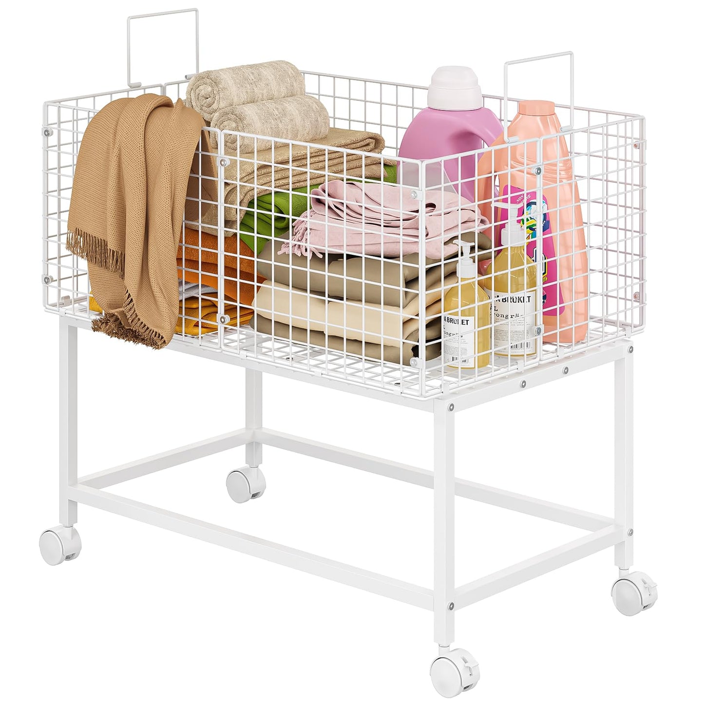 Large Rolling Laundry Basket Cart,Wire Laundry Hamper Cart with Handle and Wheels,White High Laundry Hamper for Laundry Room,Bedroom and Bathroom-120L White (29.5"L*19.7"W*27.95"H inch)
